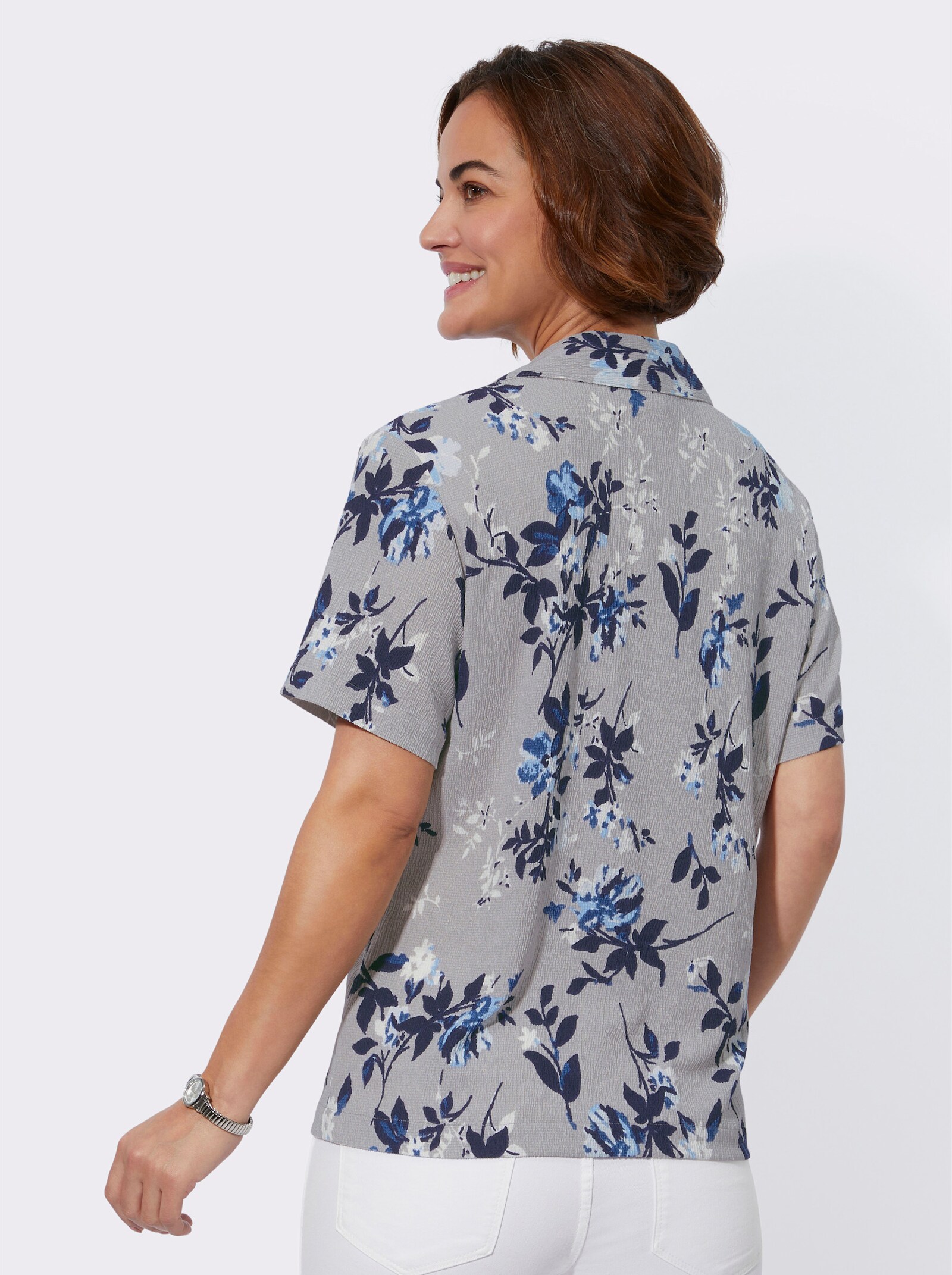 Crêpebluse in Borke-Qualität - steingrau-royalblau-bedruckt