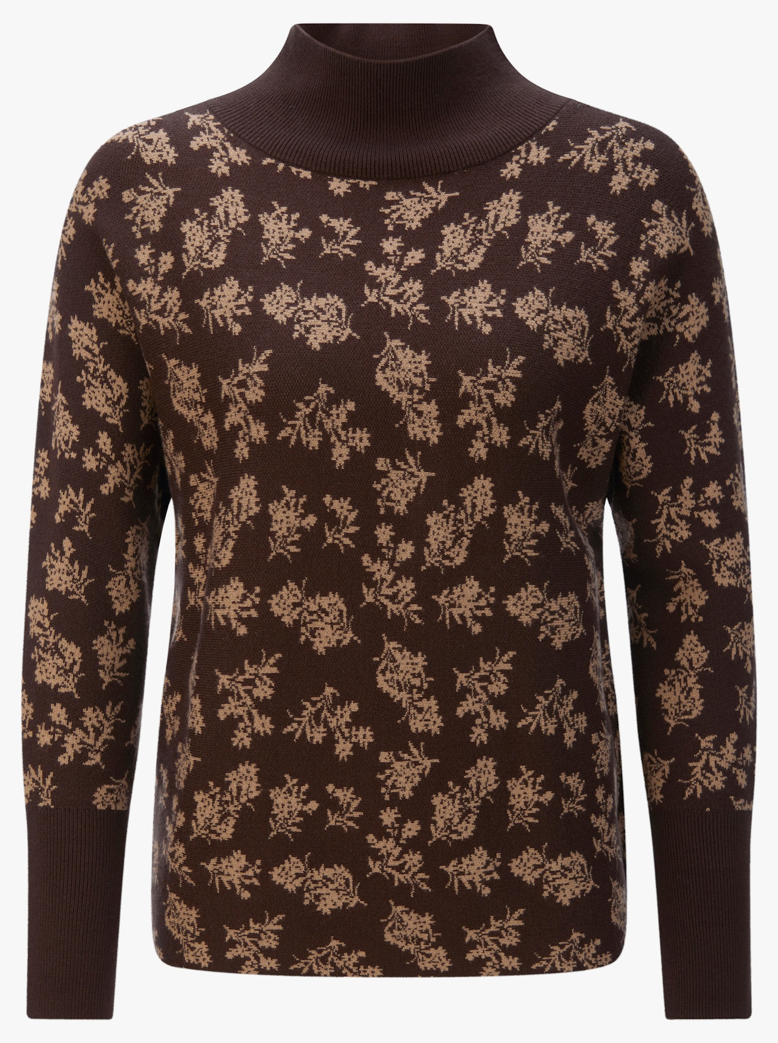 Stehkragenpullover mit floralem Print - schoko-camel-gemustert