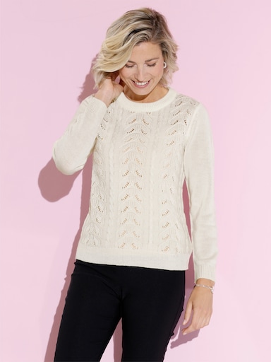 Rundhalspullover mit Zopf- und Ajourmuster - ecru