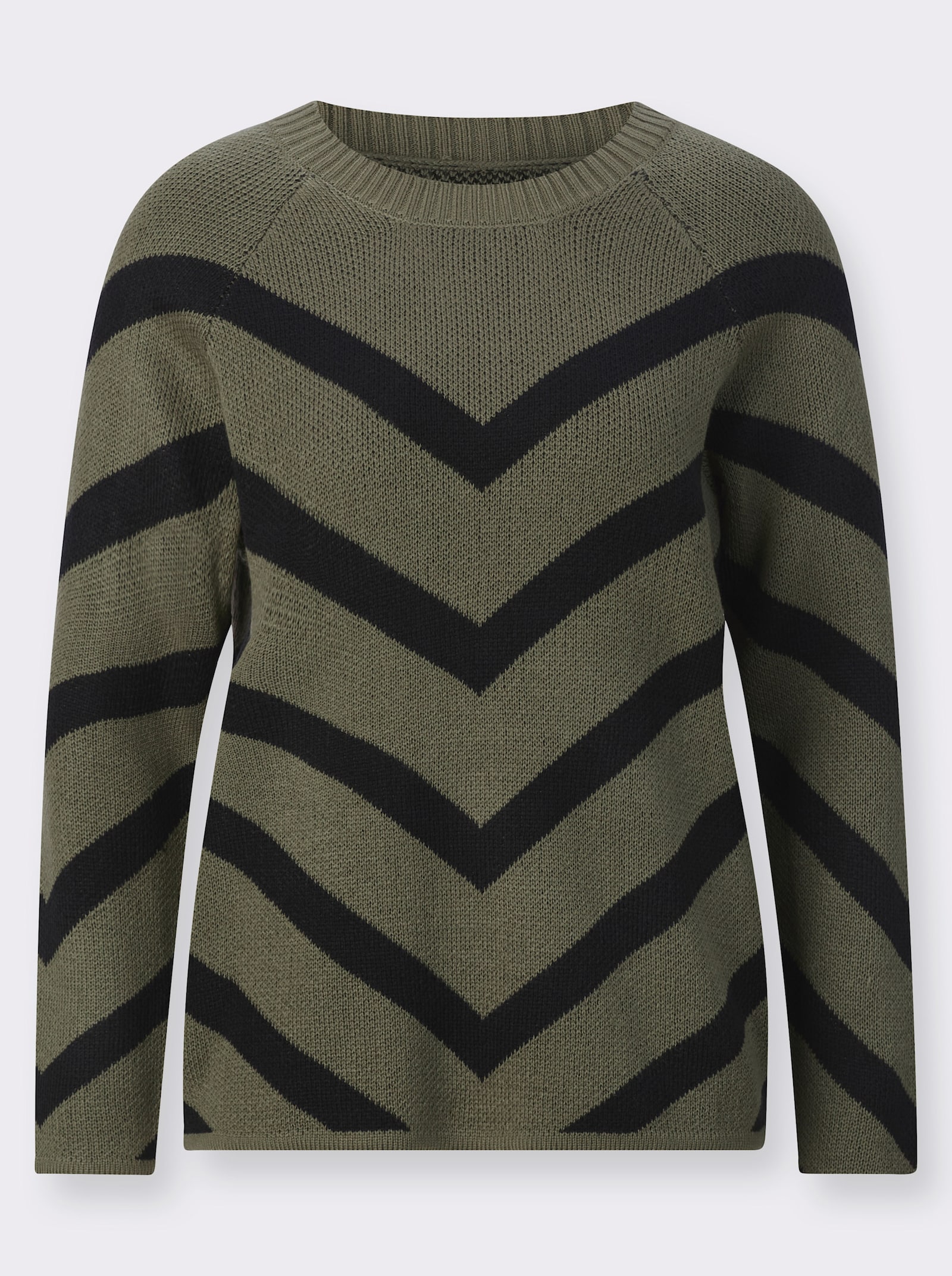 Žakárový svetr s proužkovaným vzorem do V - khaki-černá-vzor