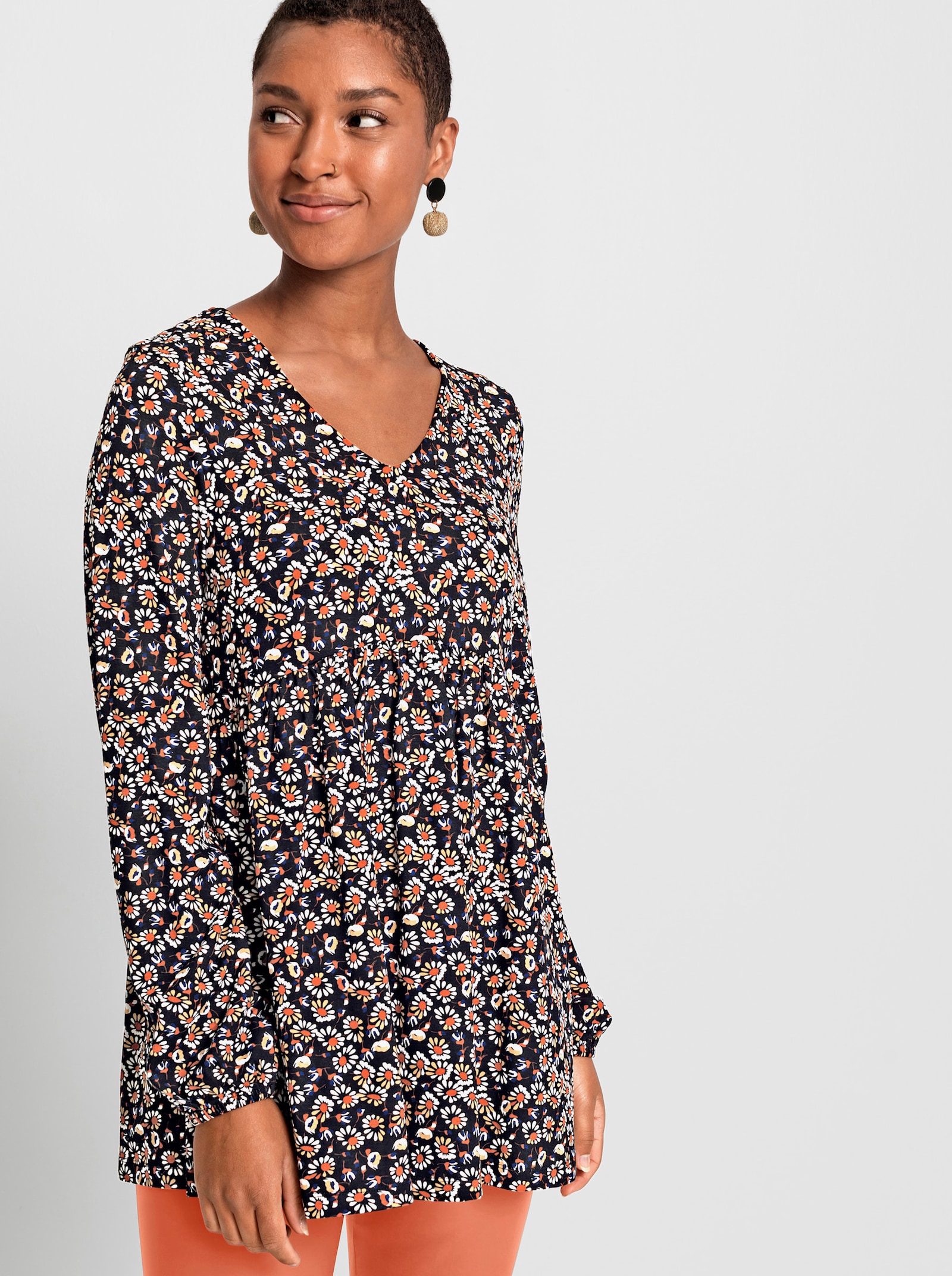 Tunikashirt in A-Linie - schwarz-papaya-bedruckt