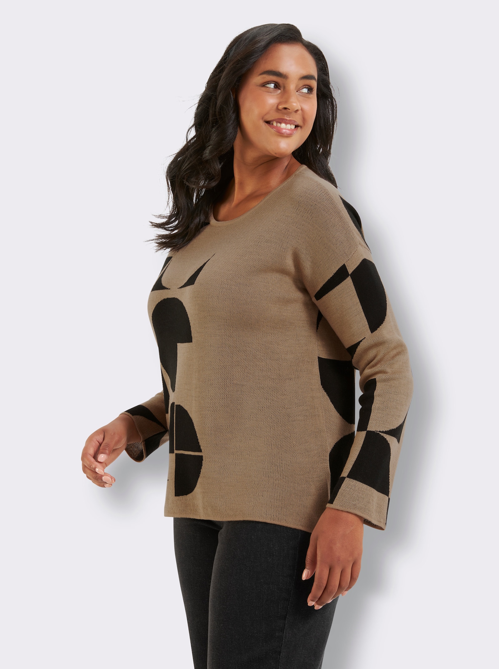 Jacquardpullover mit grafischem Muster - camel-schwarz-gemustert