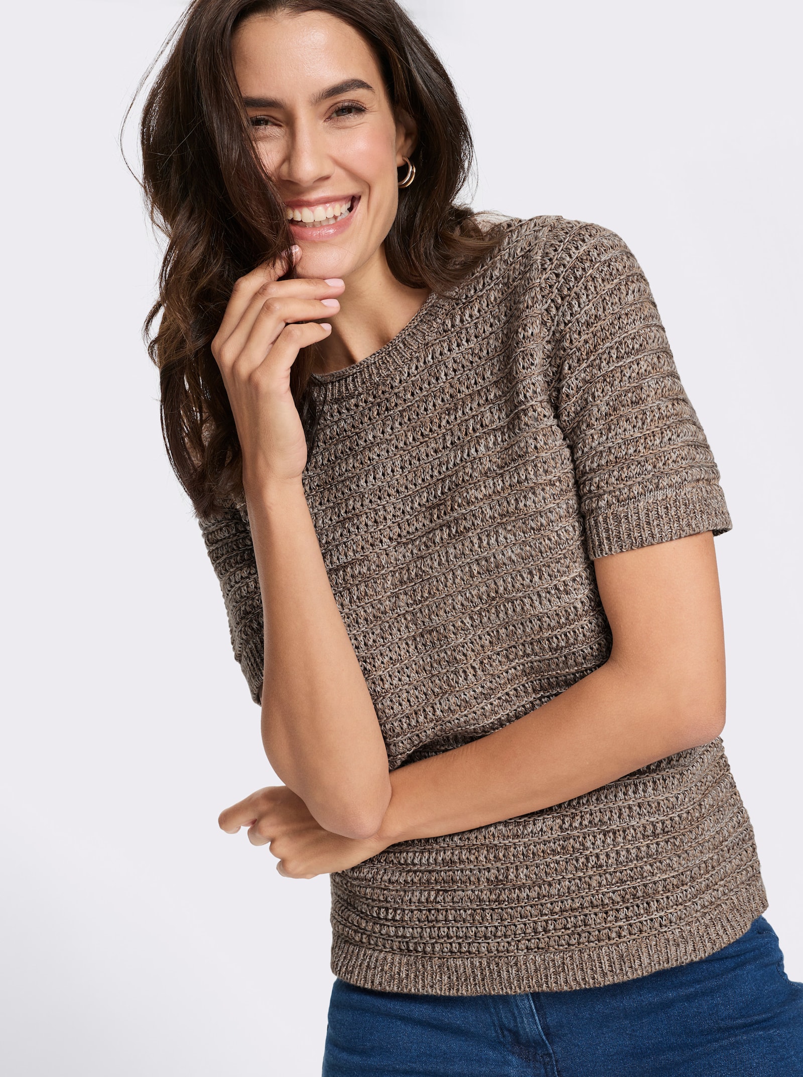 Baumwollpullover aus Melange-Garn - taupe-schoko-gemustert