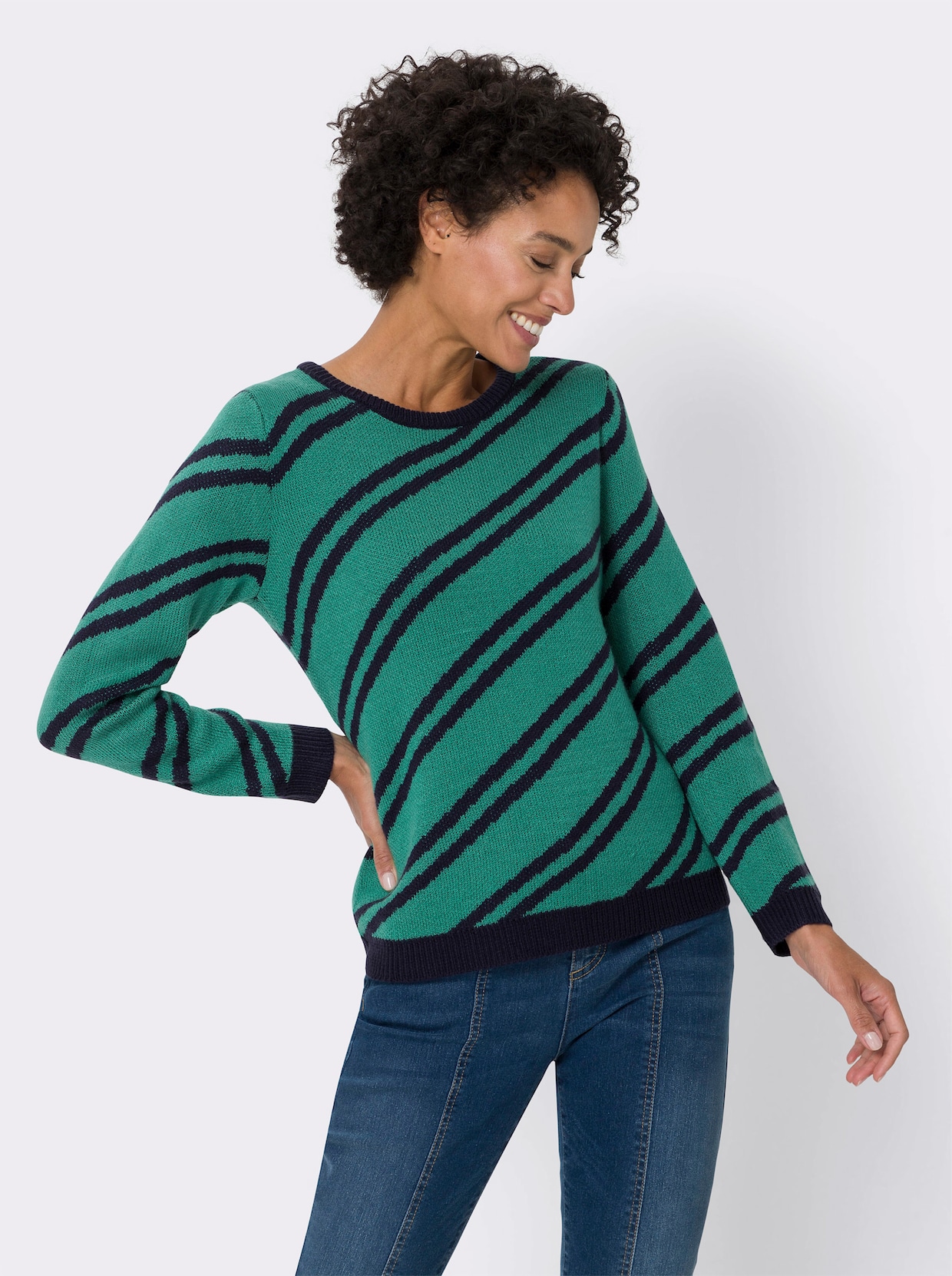 Langarm-Pullover - marine-smaragd-gestreift