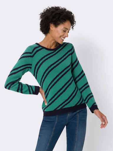 Langarm-Pullover mit diagonalen Streifen - marine-smaragd-gestreift