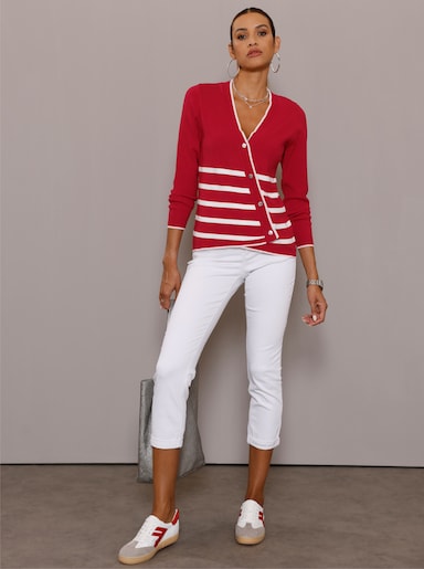 Feinstrickjacke mit asymmetrischer Knopfleiste - rot-weiß-geringelt