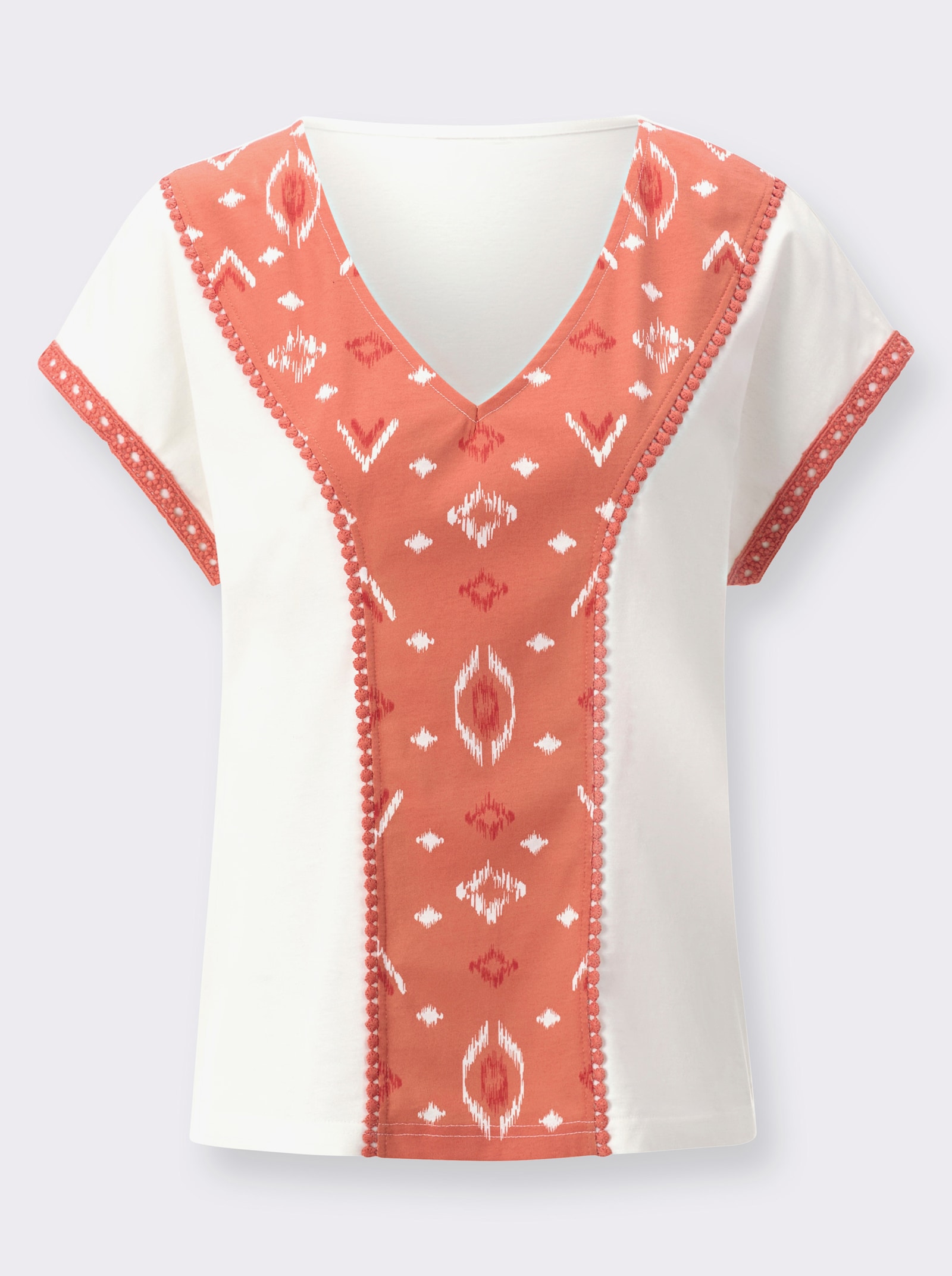 V-Shirt mit Häkelborte - ecru-papaya-bedruckt