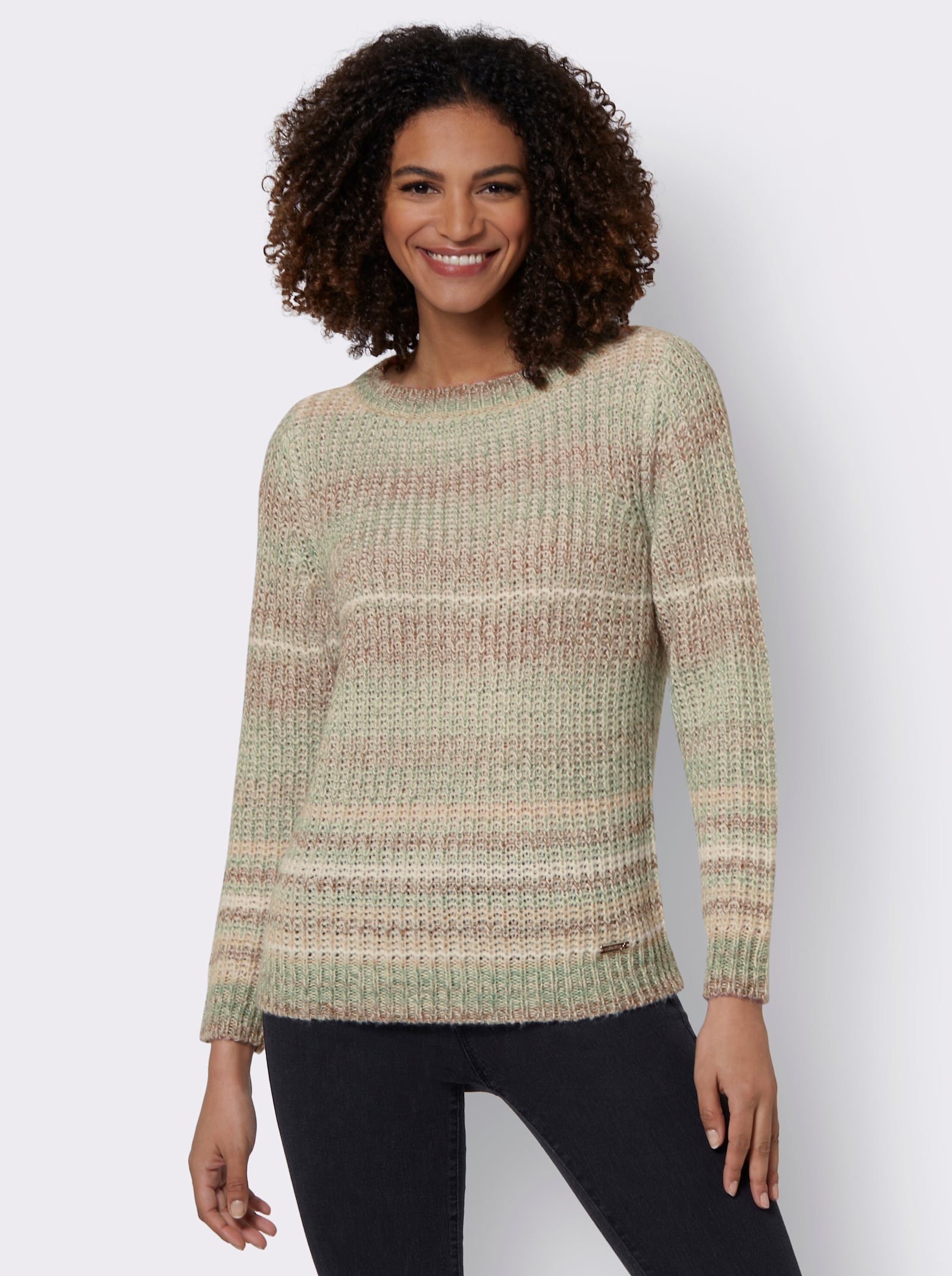 Grof gebreide pullover met lange mouwen - taupe/jade gestreept