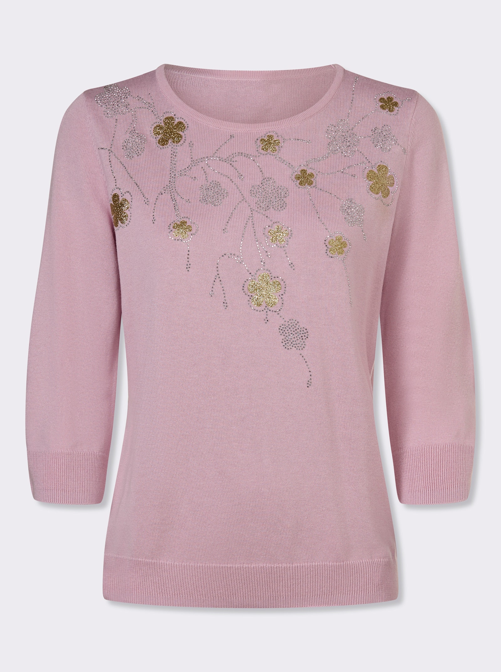 Rundhalspullover mit Blütenranken-Stickerei - rosé
