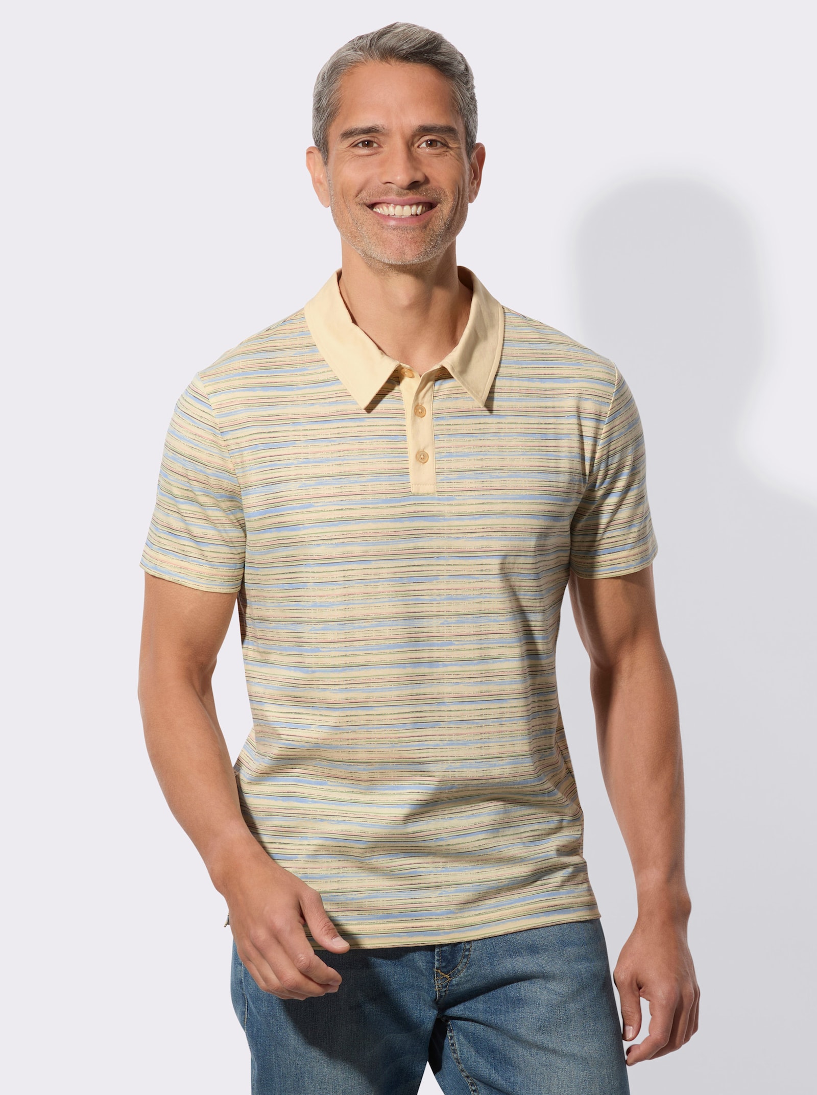 Poloshirt met streepjespatroon, katoen - bont geprint