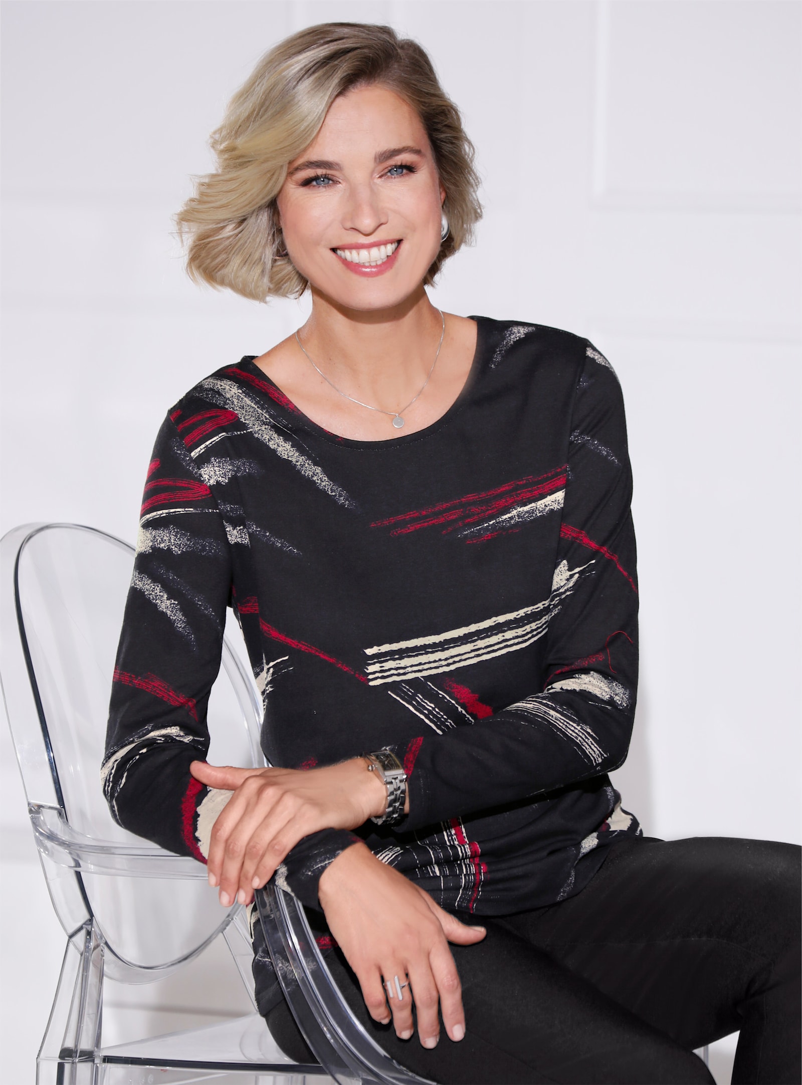 Shirt met ronde hals en print - zwart/sesam bedrukt