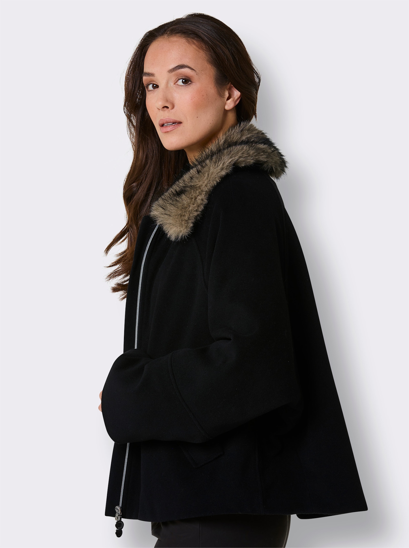 CREATION L PREMIUM Wolljacke mit Pelz-Imitat-Kragen - schwarz