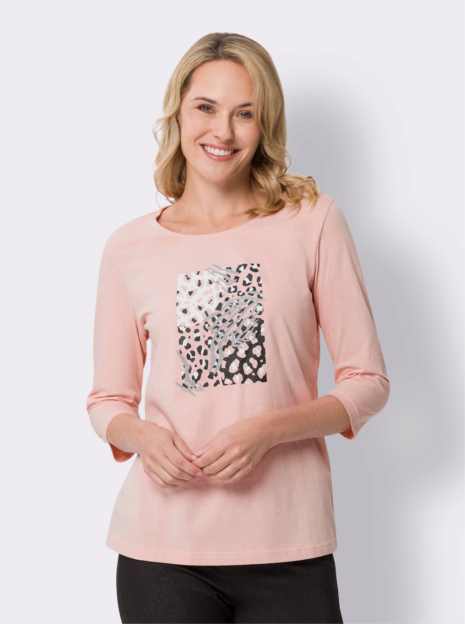 Shirt met ronde hals en op dessin geplaatste luipaardprint - poeder/grafiet bedrukt