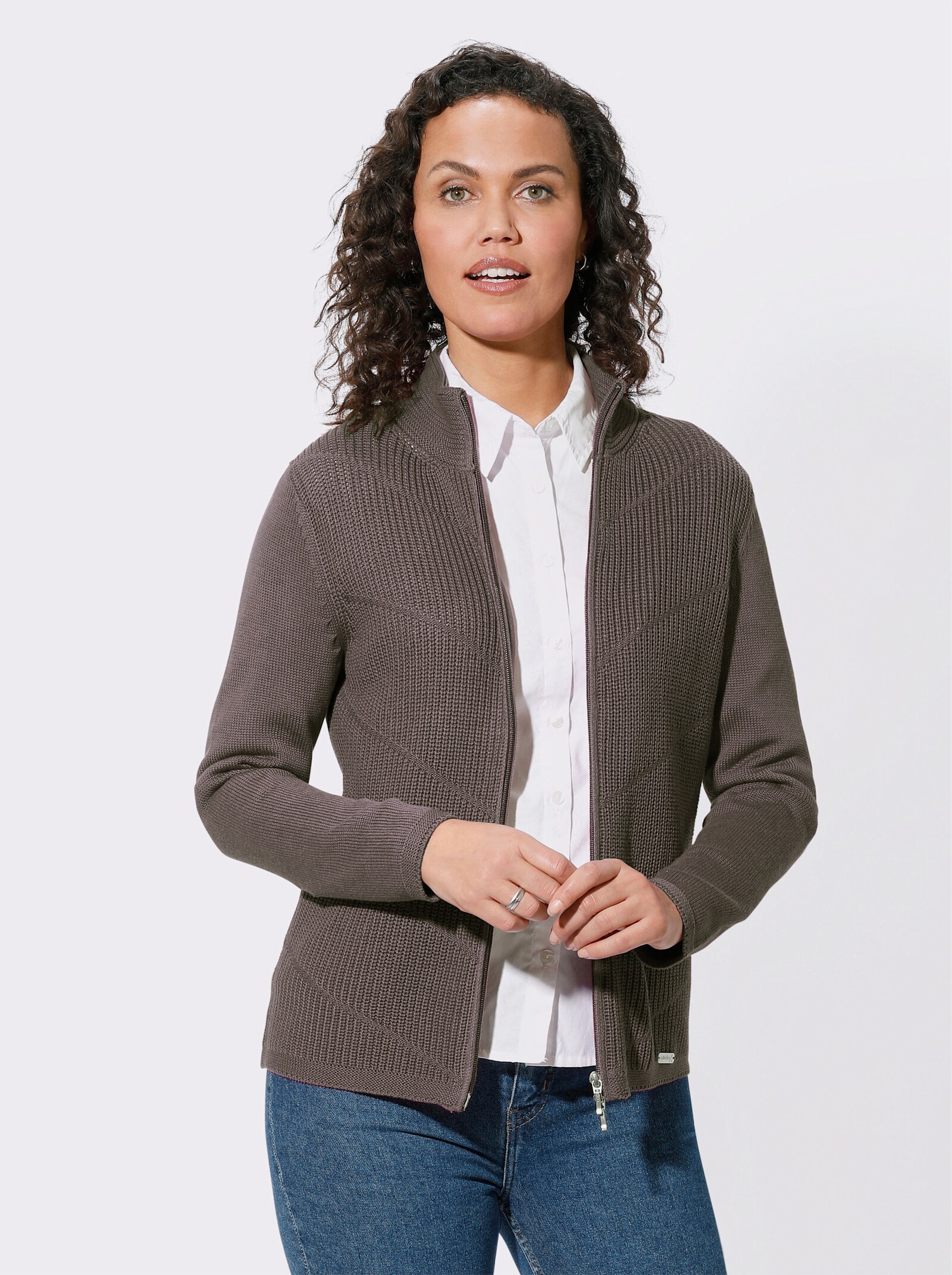Strickjacke mit 2-Wege-Zipper - dunkeltaupe