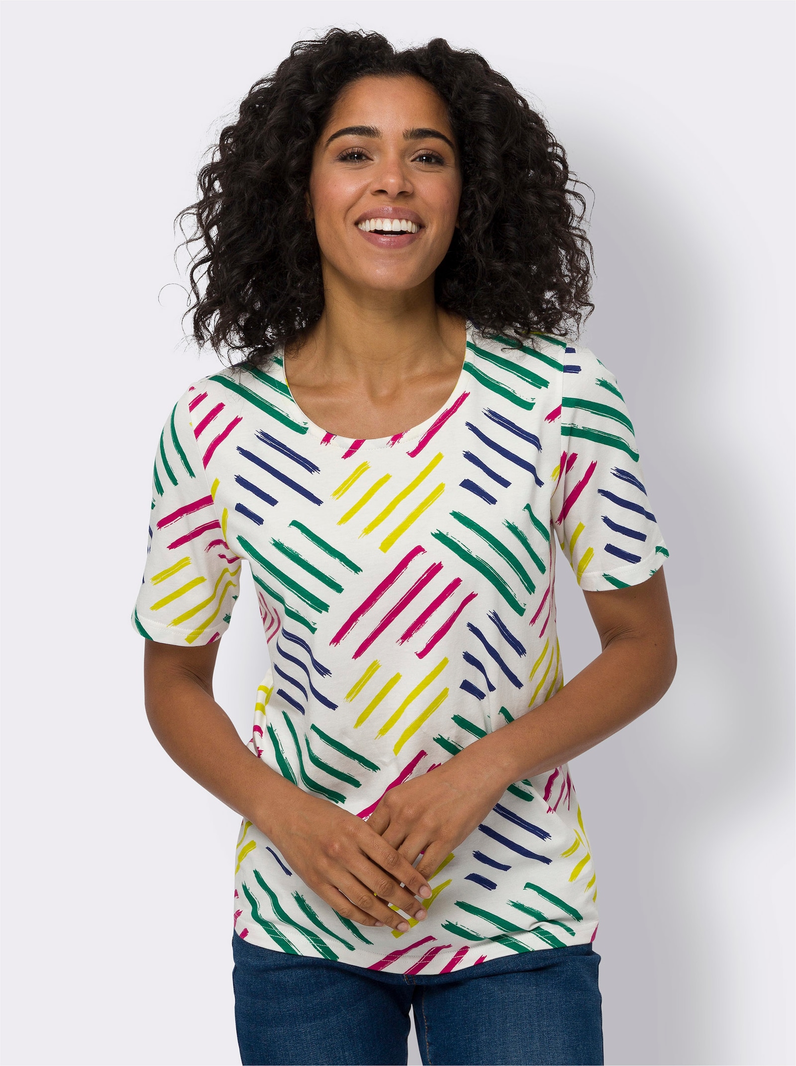 Tričko s krátkým rukávem a potiskem s liniemi - ecru-fuchsiová-potisk