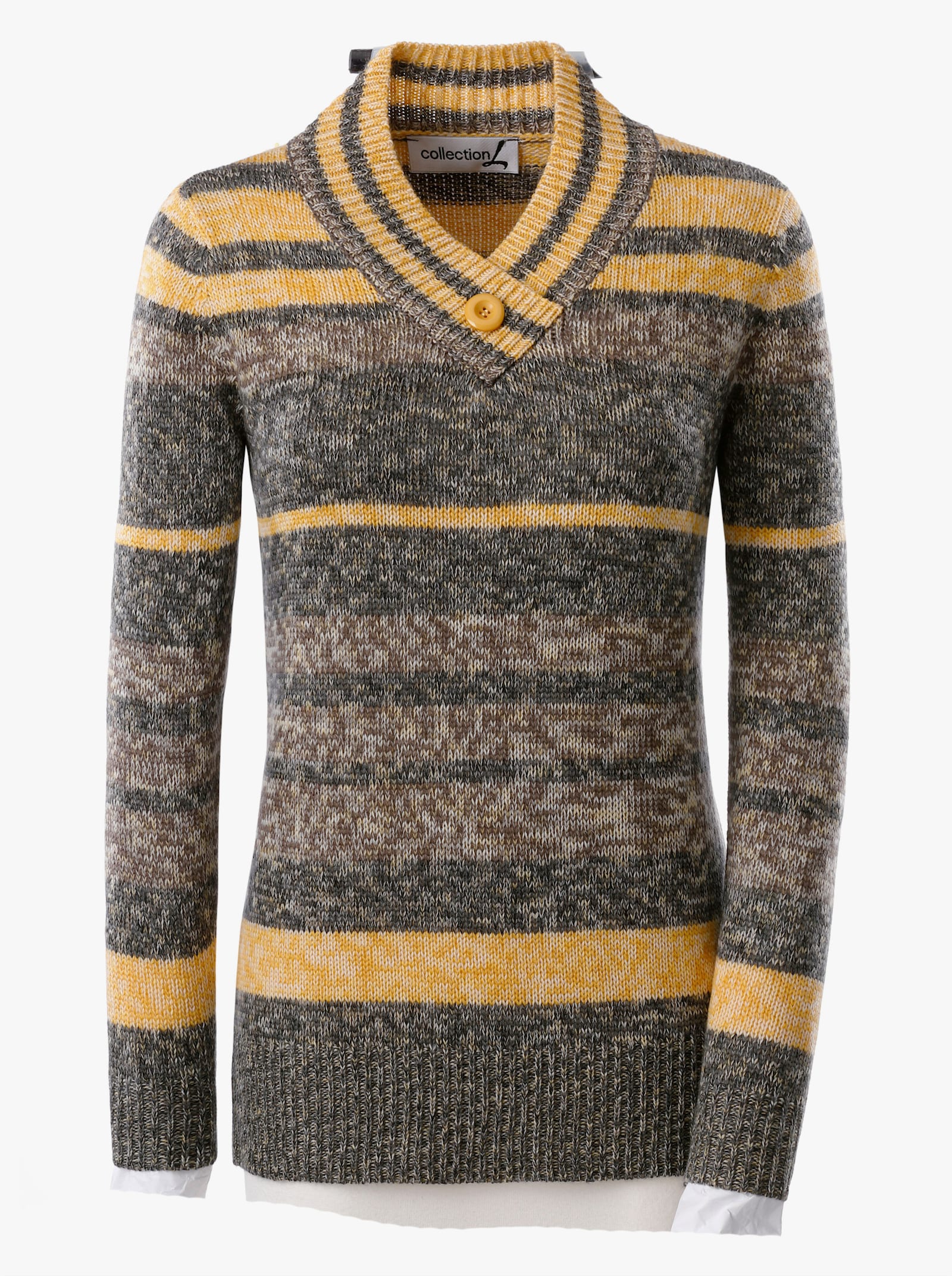 V-Ausschnitt-Pullover aus Melangegarn - curry-anthrazit-geringelt