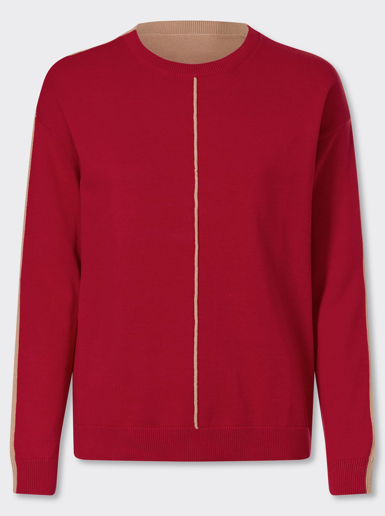 Rundhalspullover mit Kontrasten - rot-camel