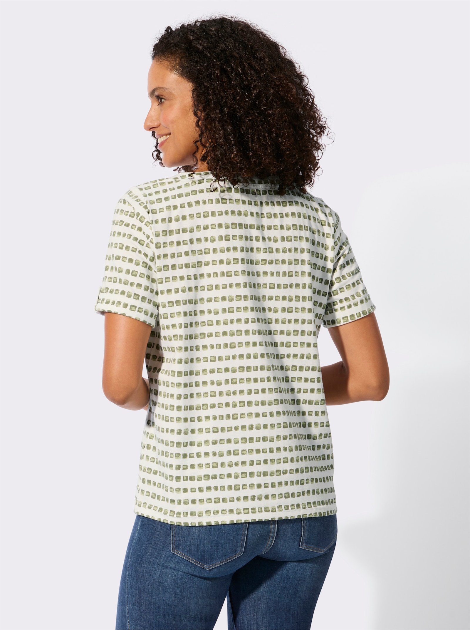 Print-Shirt mit Bindebändern am Ausschnitt - khaki-ecru-bedruckt