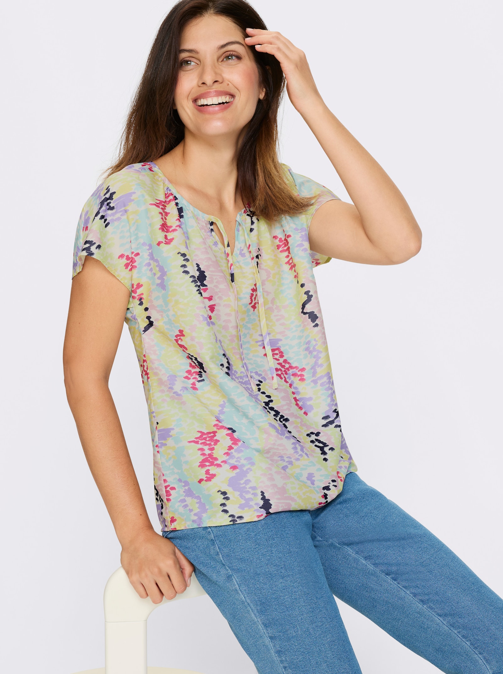 Navlékací halenka s puntíkovaným potiskem - citronová-levandulová-potisk