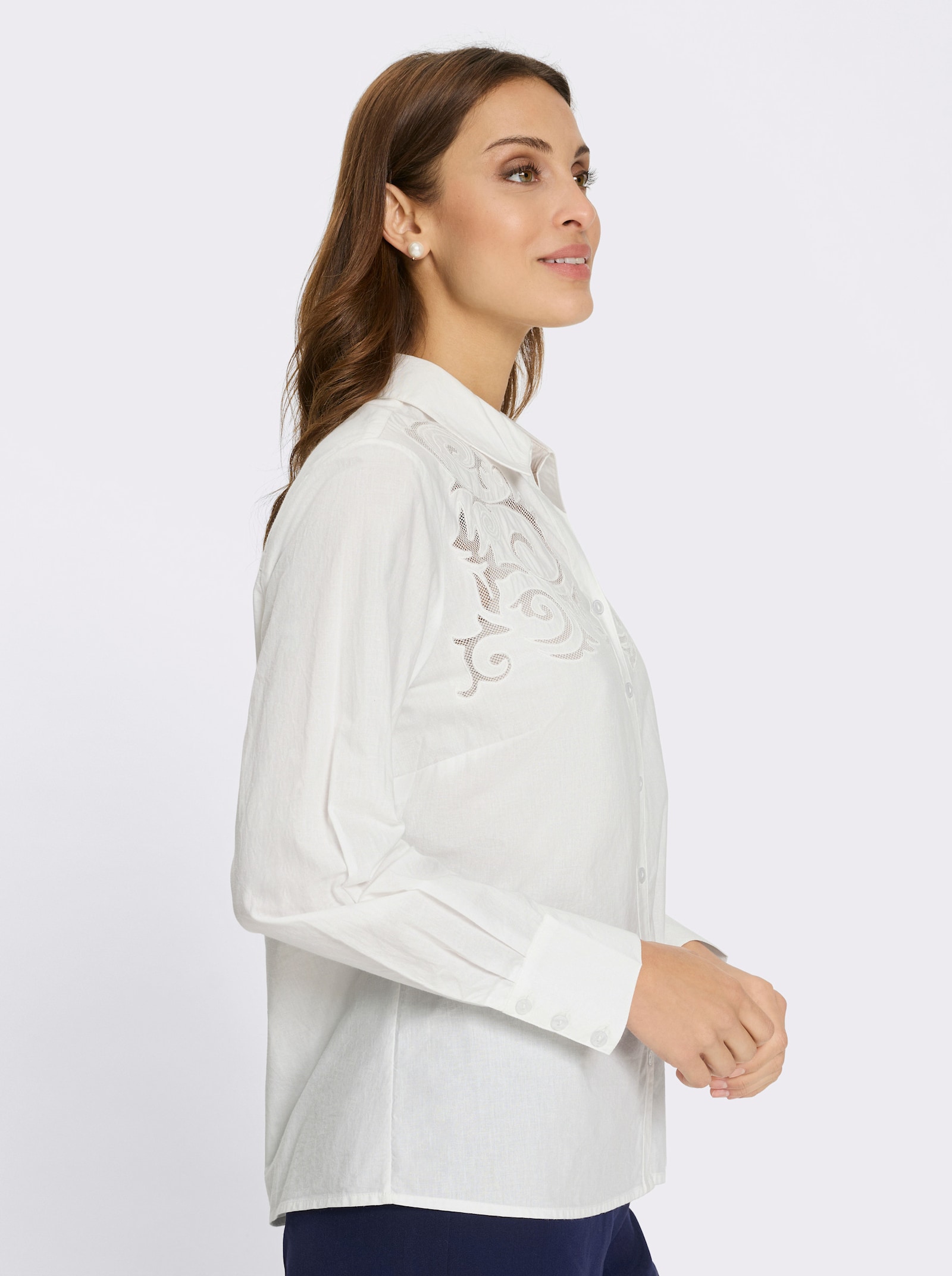 Baumwollbluse mit Stickerei und Netzeinsatz - ecru