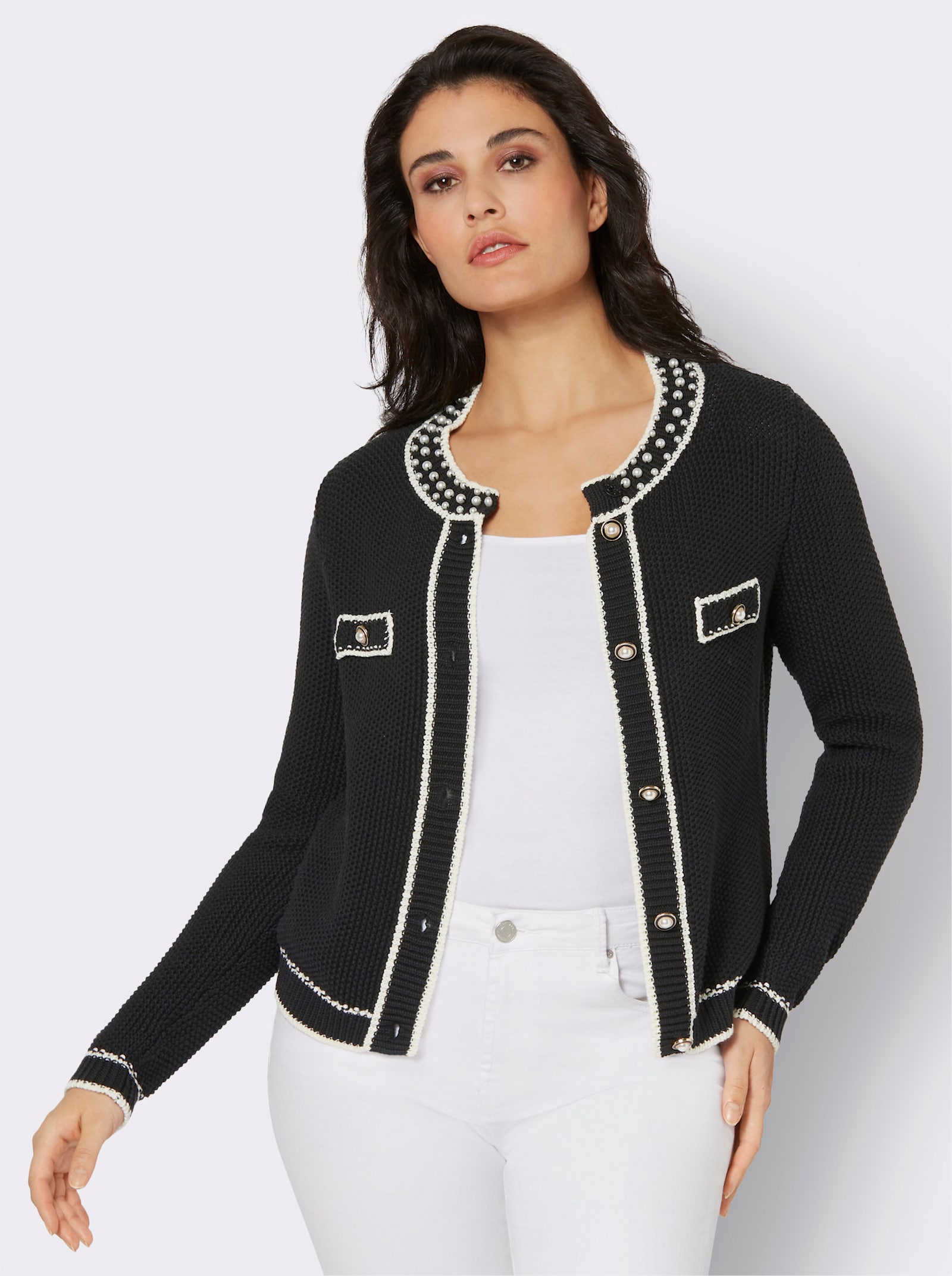 Feinstrickjacke mit Zierperlen, gestrickt - schwarz-champagner-gemustert