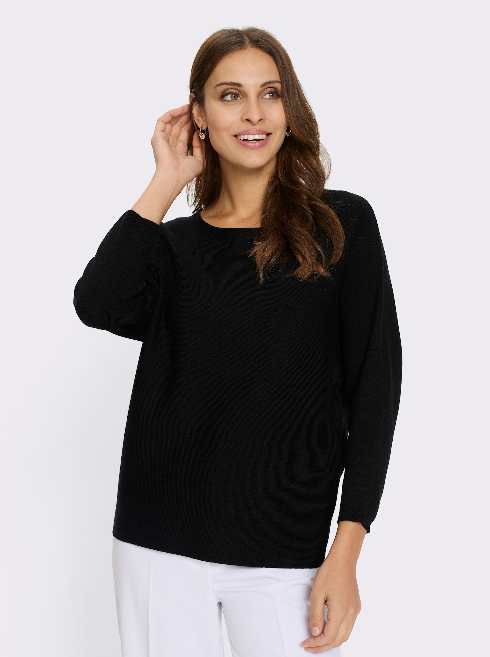 Fledermauspullover mit Spitzen-Einsatz im Rücken - schwarz