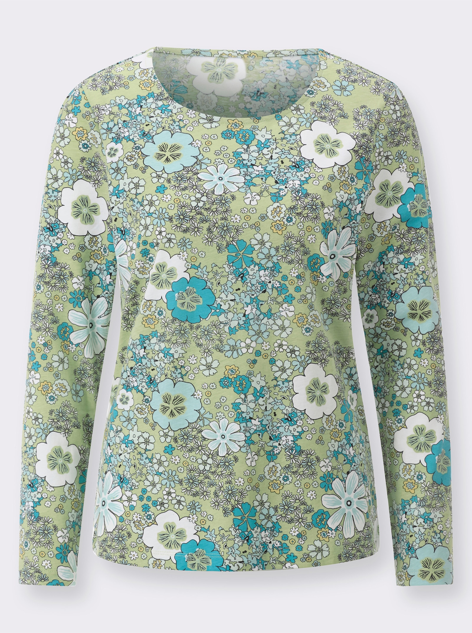 Långärmad topp i enkelstickad trikå - pistasch-mint-med tryck