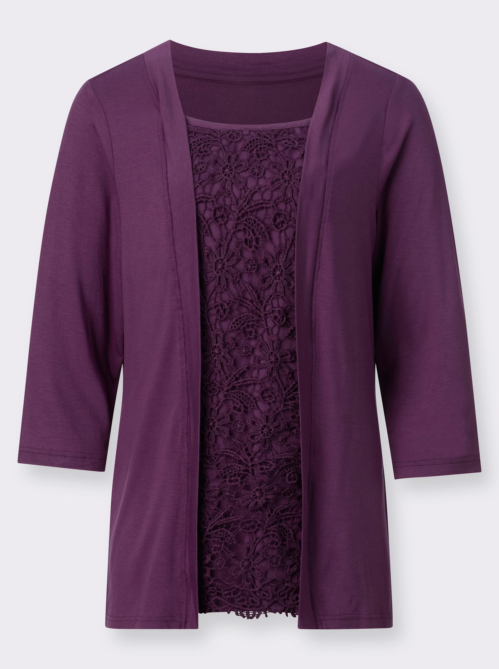 2-in-1-Shirt mit Spitzen-Einsatz - traube