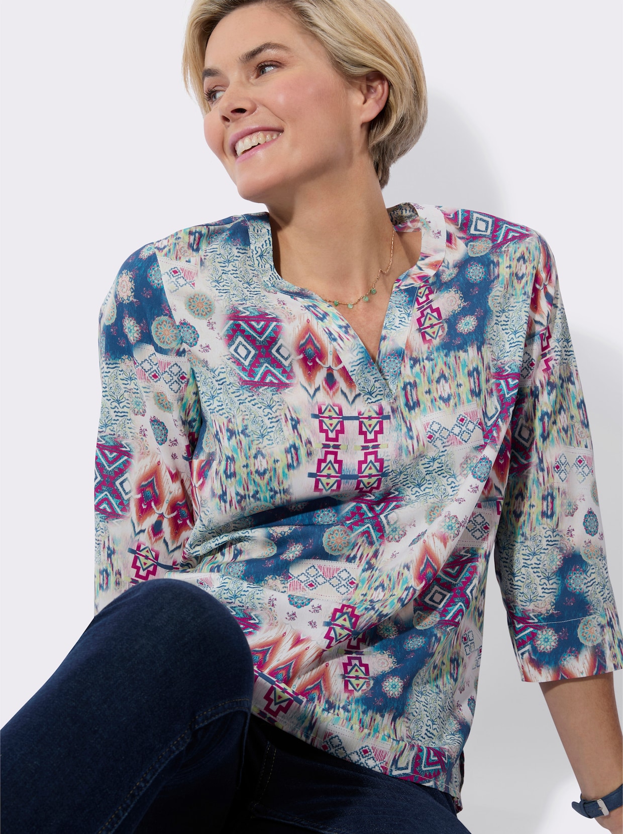 Schlupfbluse - jeansblau-magenta-bedruckt