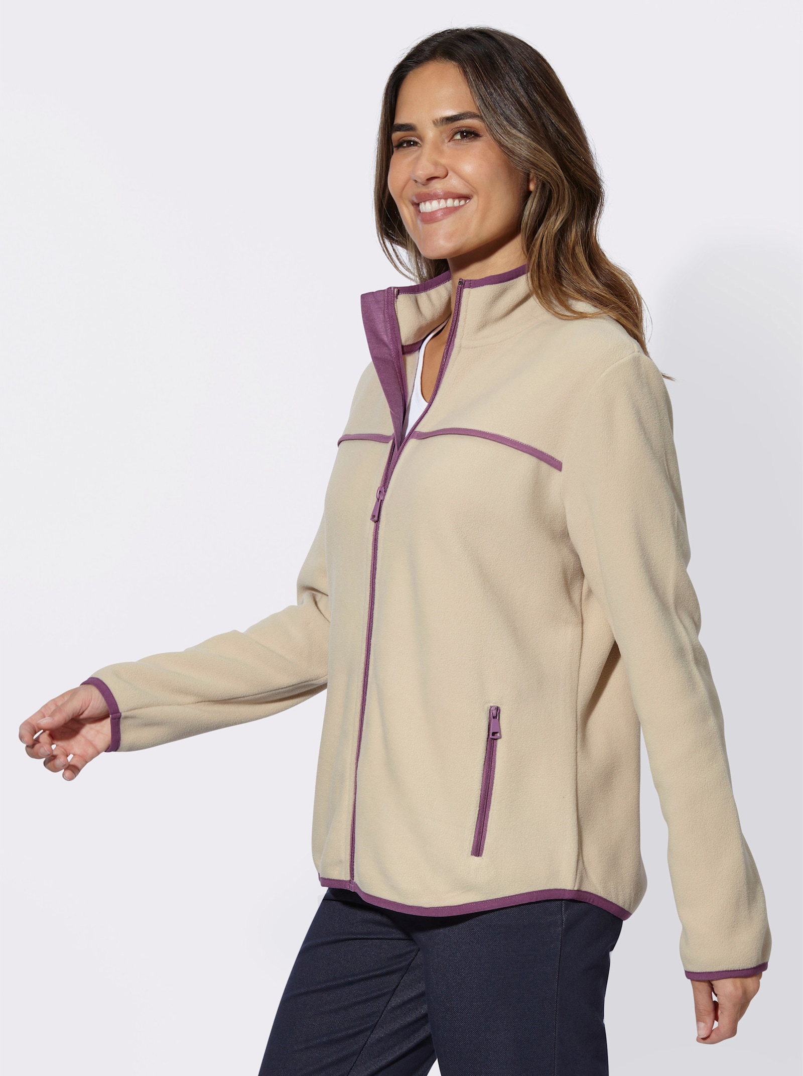 Fleecejacke mit Kontrast-Paspelierung - sand-violett