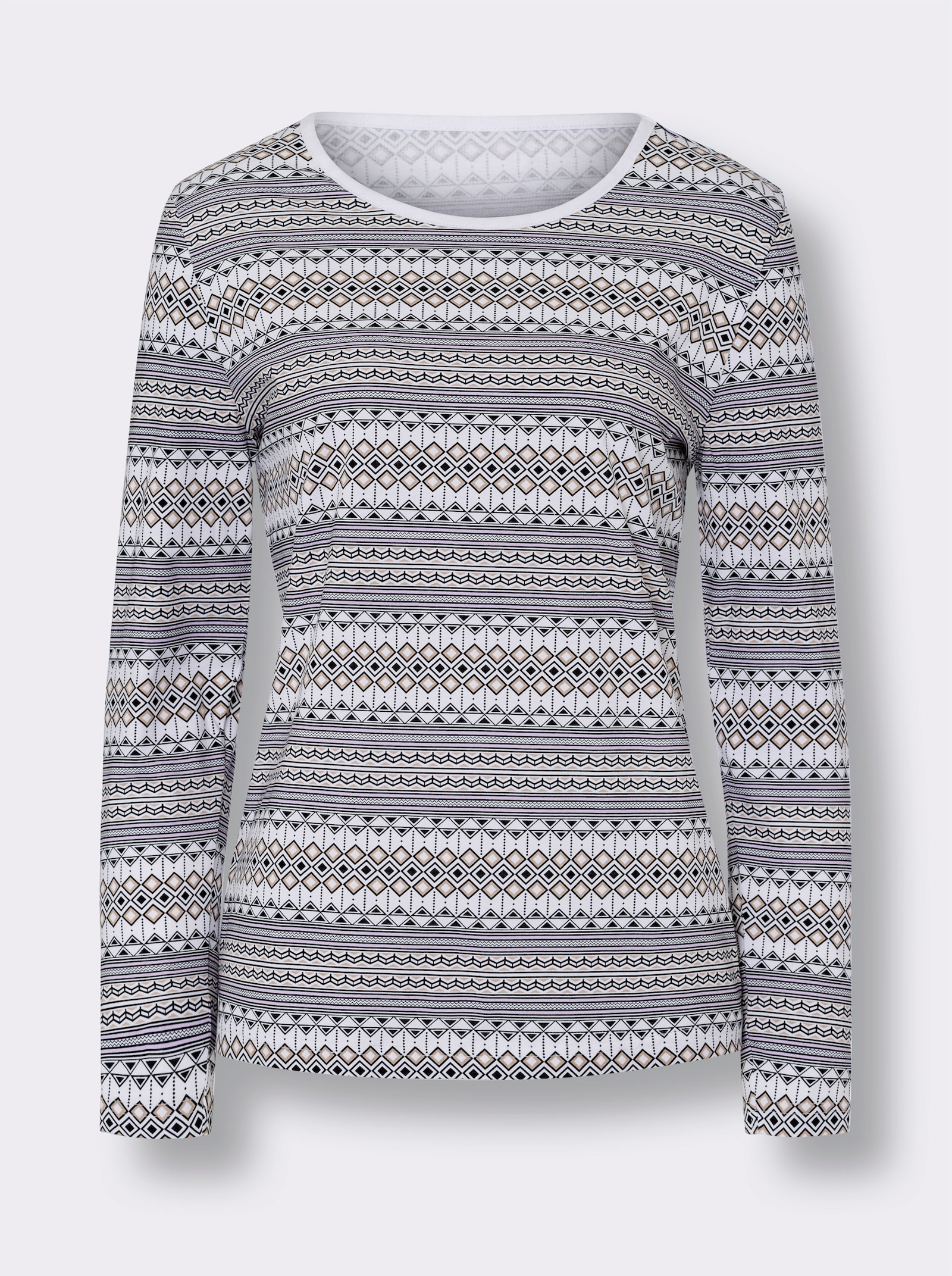 Rundhalsshirt im Norwegermuster - ecru-schwarz-bedruckt