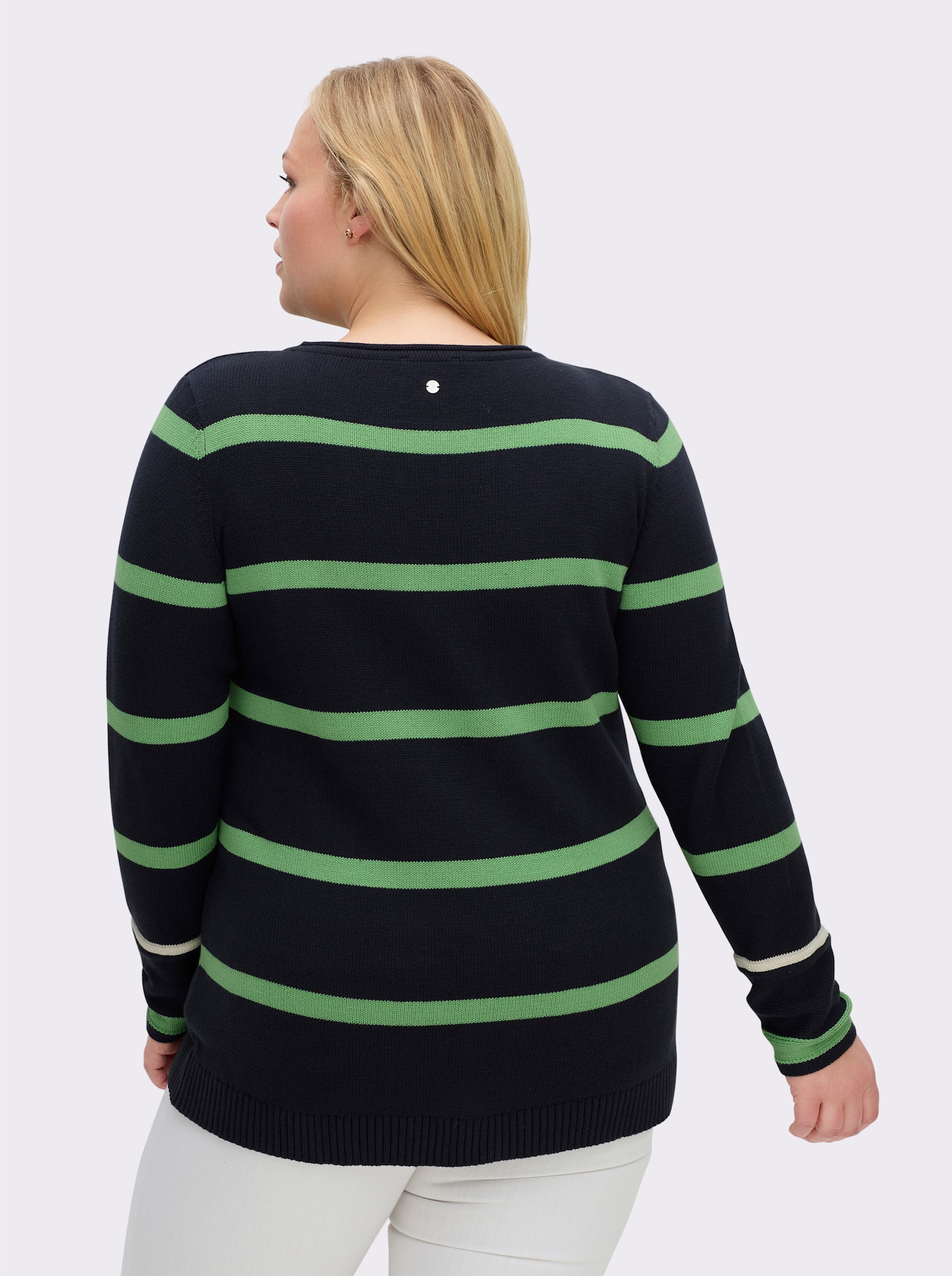 sheego Pullover mit Kontraststreifen - tiefblau-apfel-geringelt