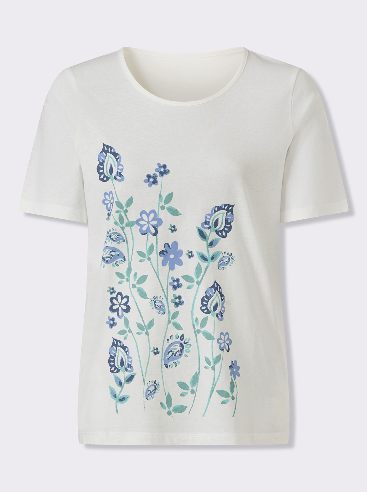 Kurzarmshirt mit Blumenmotiv - ecru-himmelblau-bedruckt