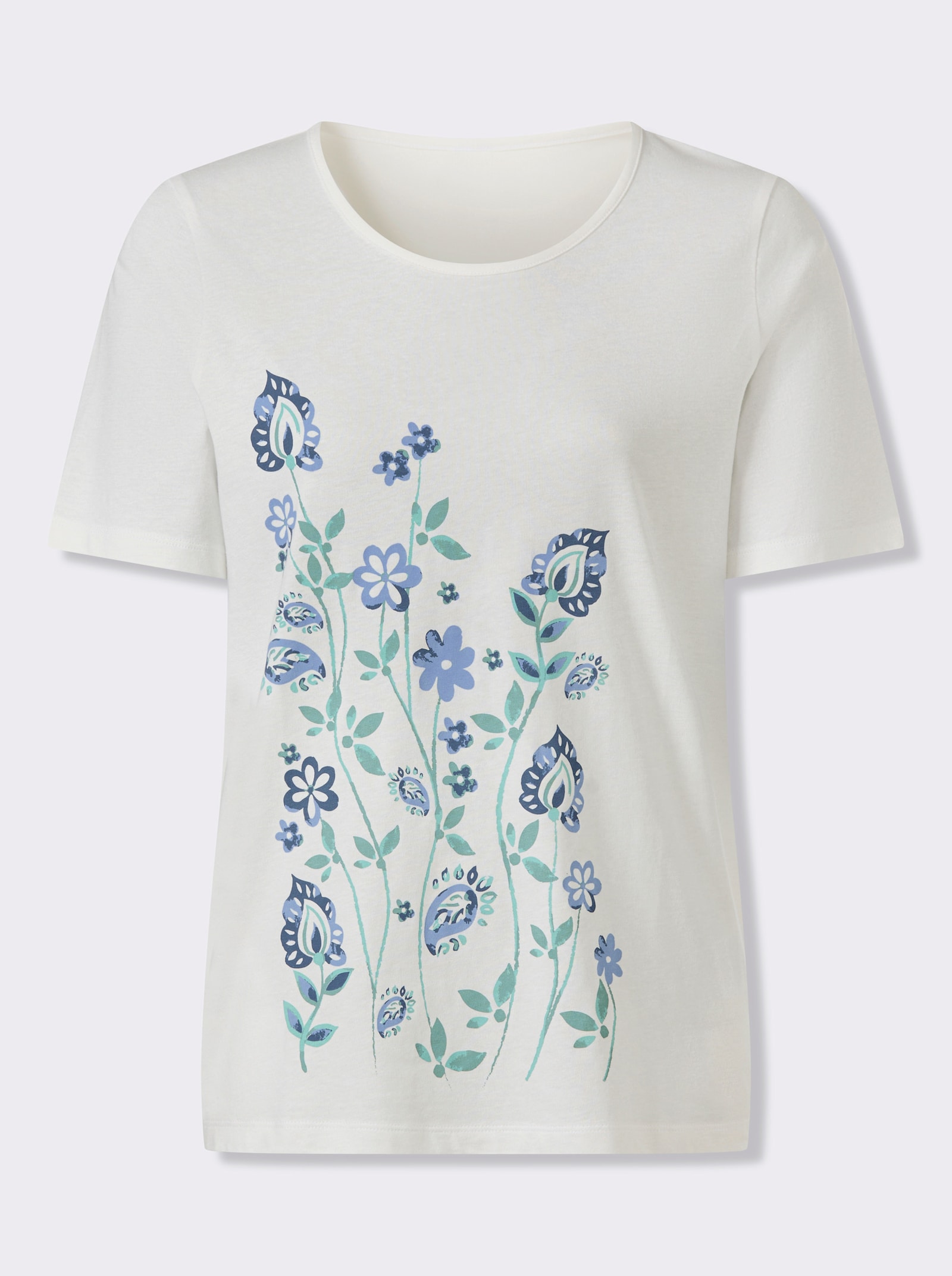 Kurzarmshirt mit Blumenmotiv - ecru-himmelblau-bedruckt