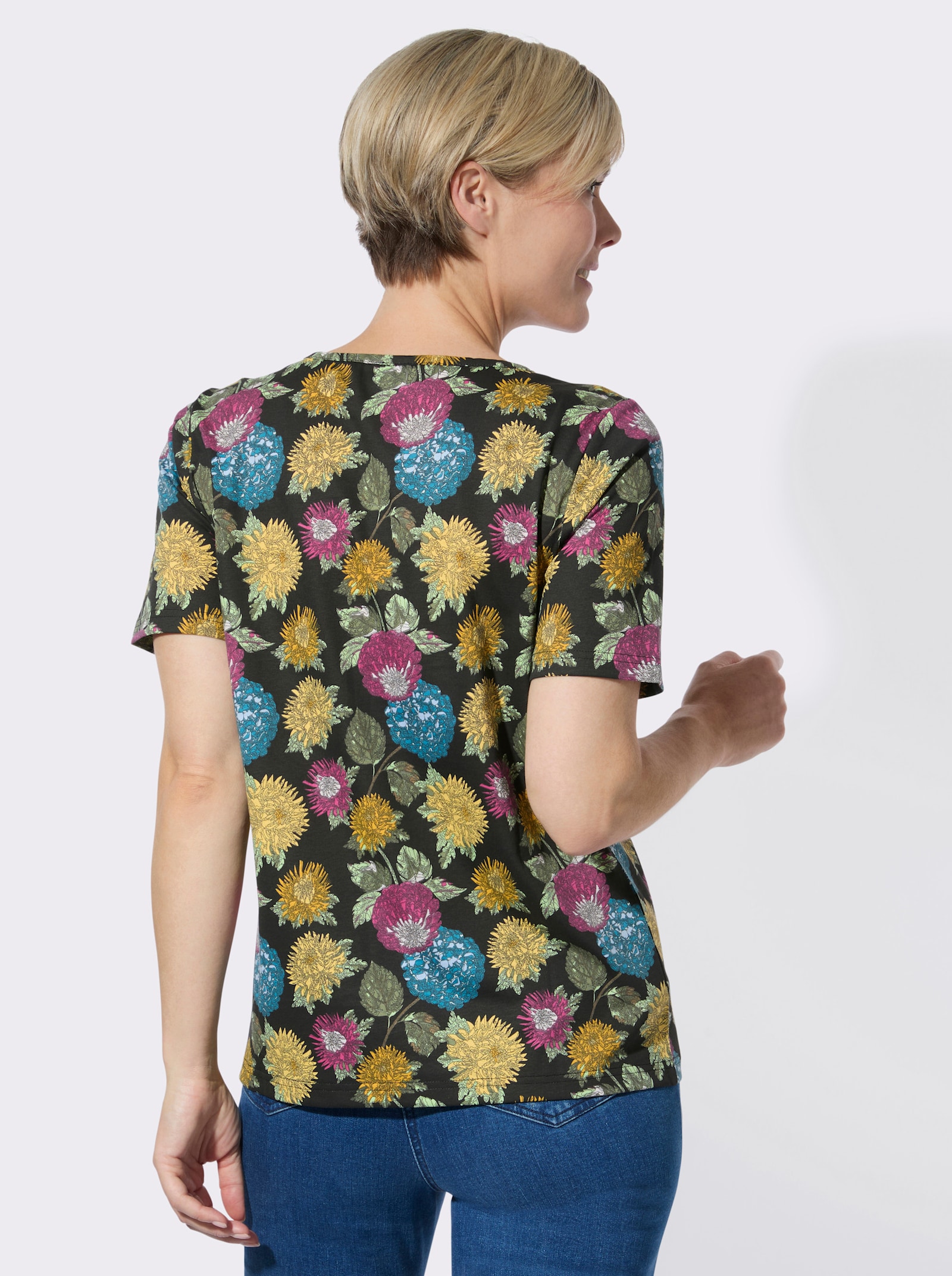 Print-Shirt mit floralem Muster - schwarz-gelb-bedruckt