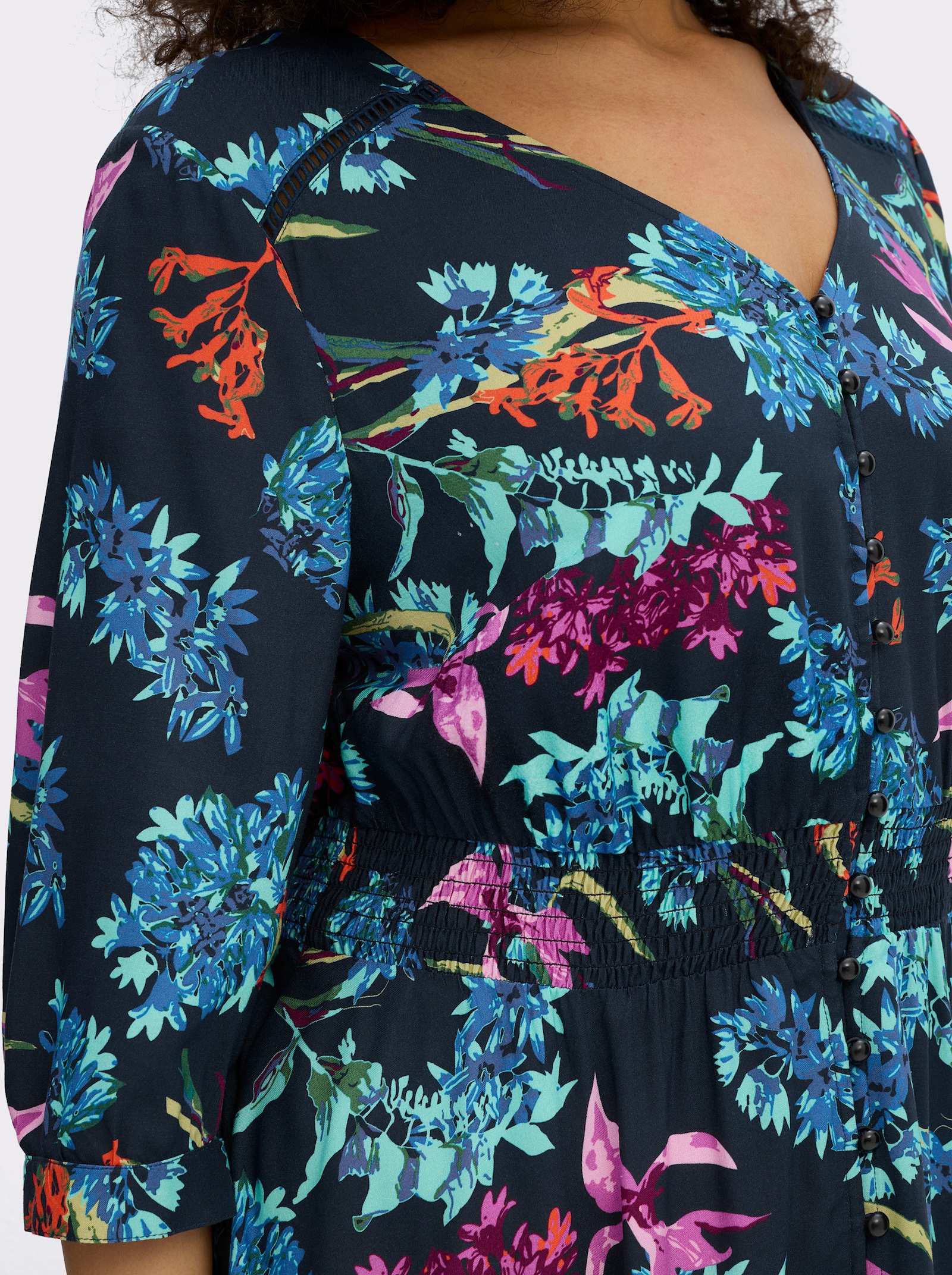 sheego by Joe Browns A-Linien-Kleid mit buntem Blumenprint - tiefblau-türkis-gemustert