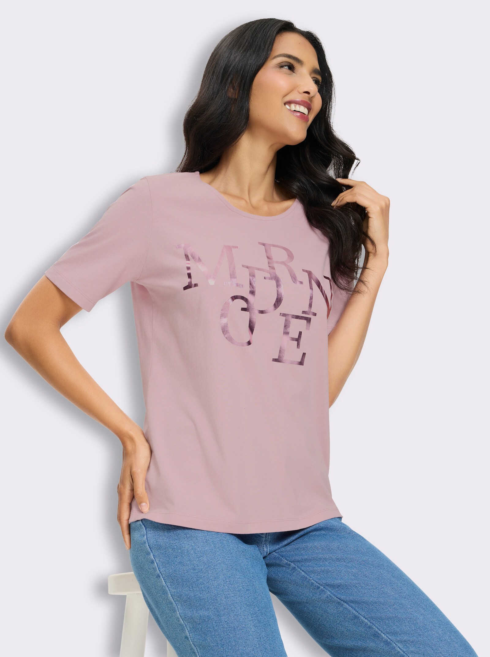 Kurzarmshirt mit Lettering-Folienprint - rosé
