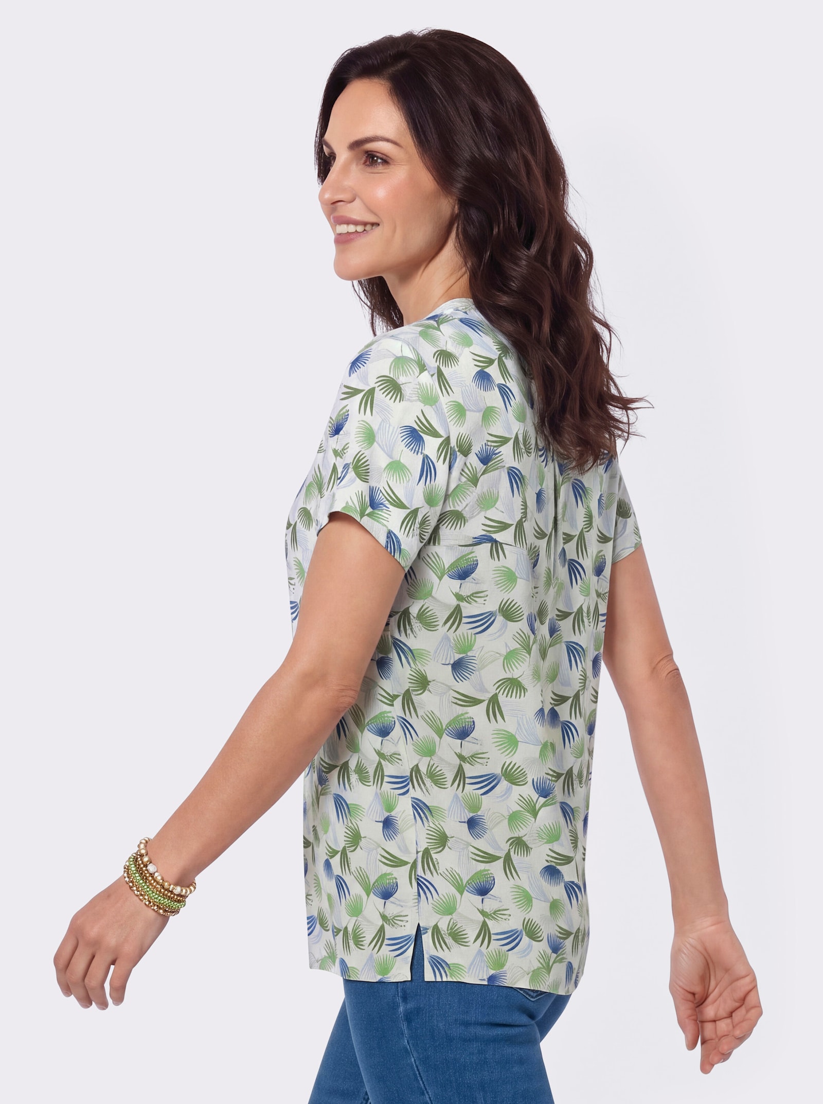 Druckbluse mit Seitenschlitzen - reseda-eisblau-bedruckt