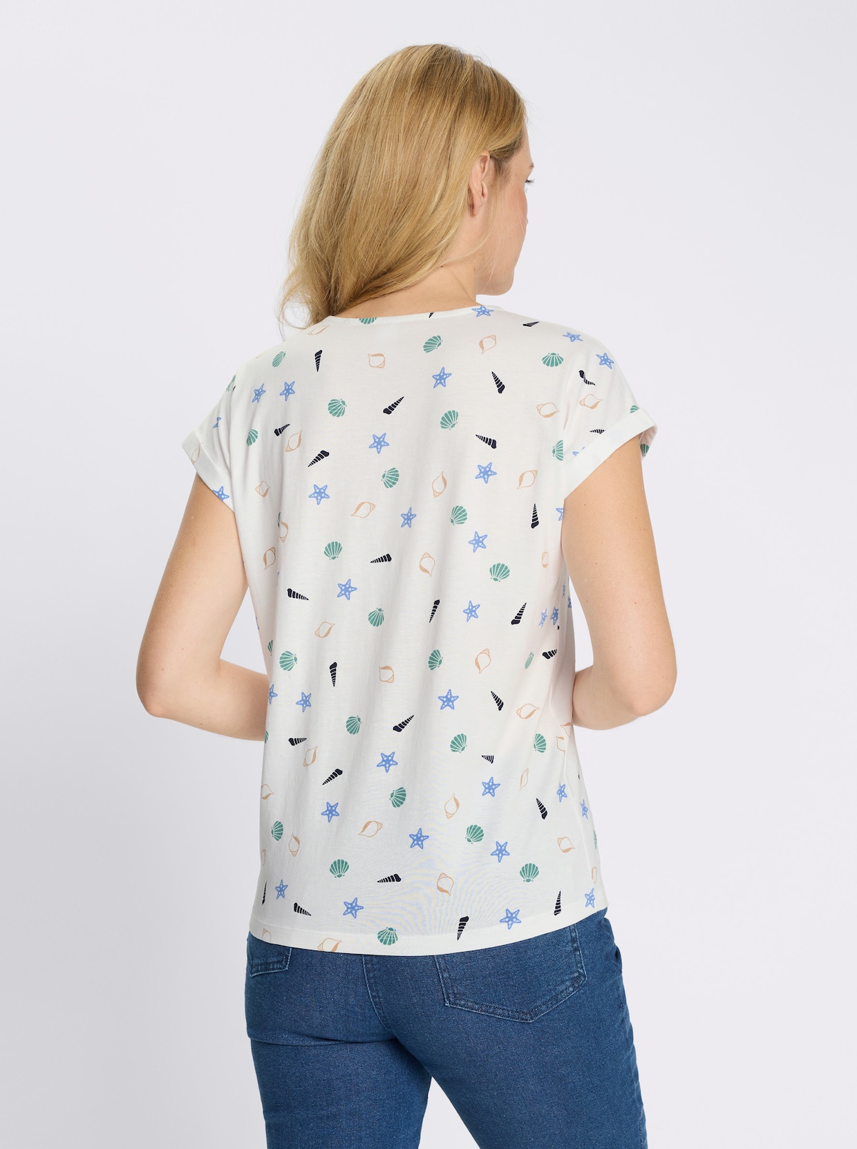 Rundhalsshirt mit maritimem Druckmuster - ecru-himmelblau-bedruckt