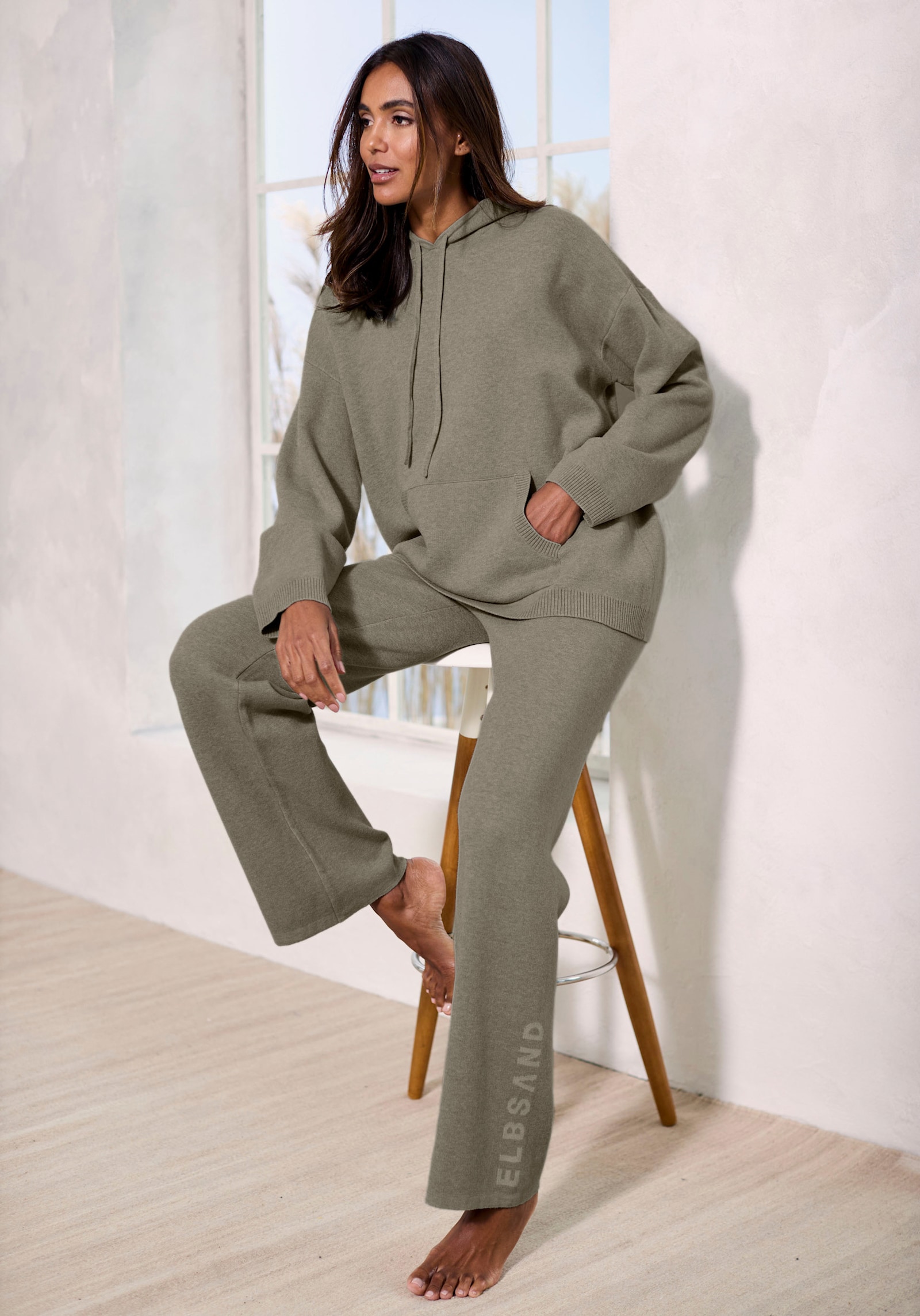 Elbsand Broek van tricot - olijf gemêleerd