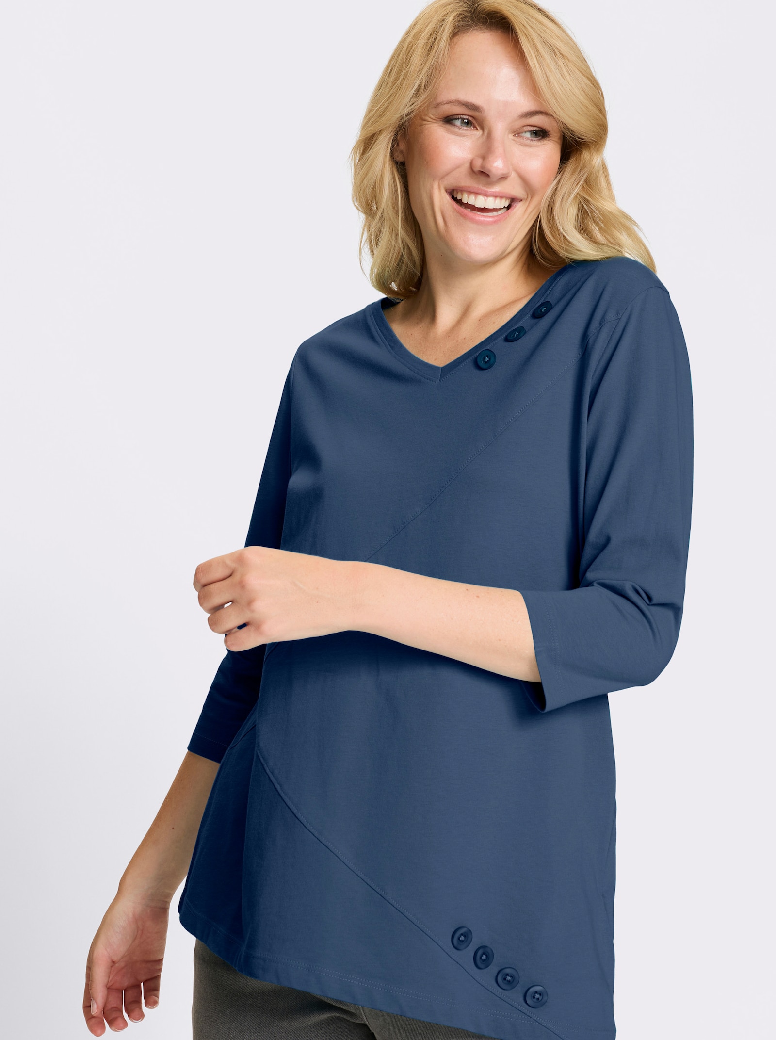 Lang shirt met asymmetrische zoom - jeansblauw