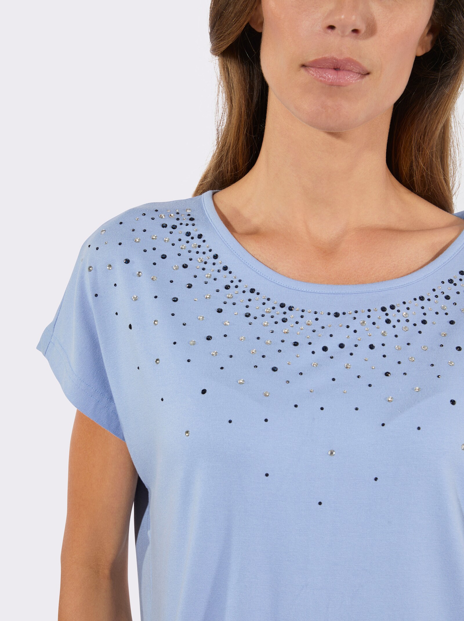 Kurzarmshirt mit funkelnden Glitzersteinchen - himmelblau