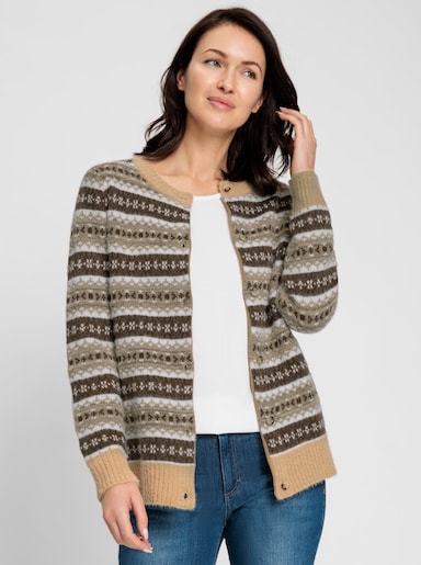 Jacquardstrickjacke mit Merino-Wolle - camel-sesam-gemustert