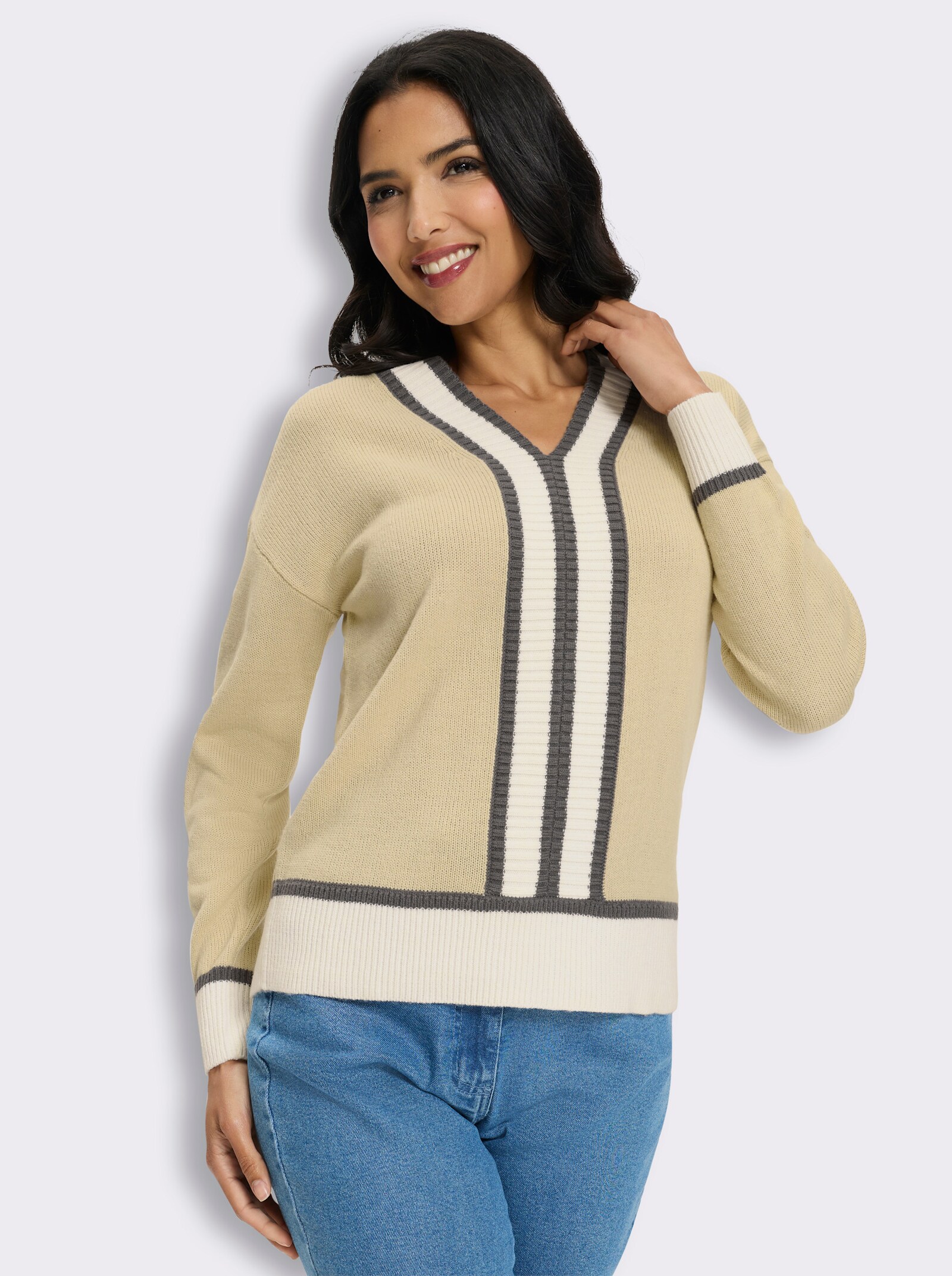 Langarm-Pullover mit Kontrastverarbeitung - sand-ecru