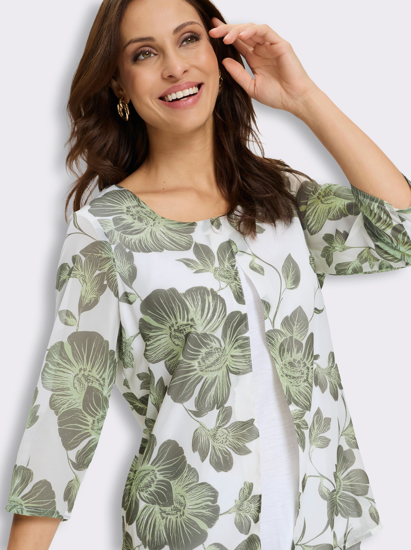 Druckbluse in 2-in-1-Optik - weiß-khaki-bedruckt