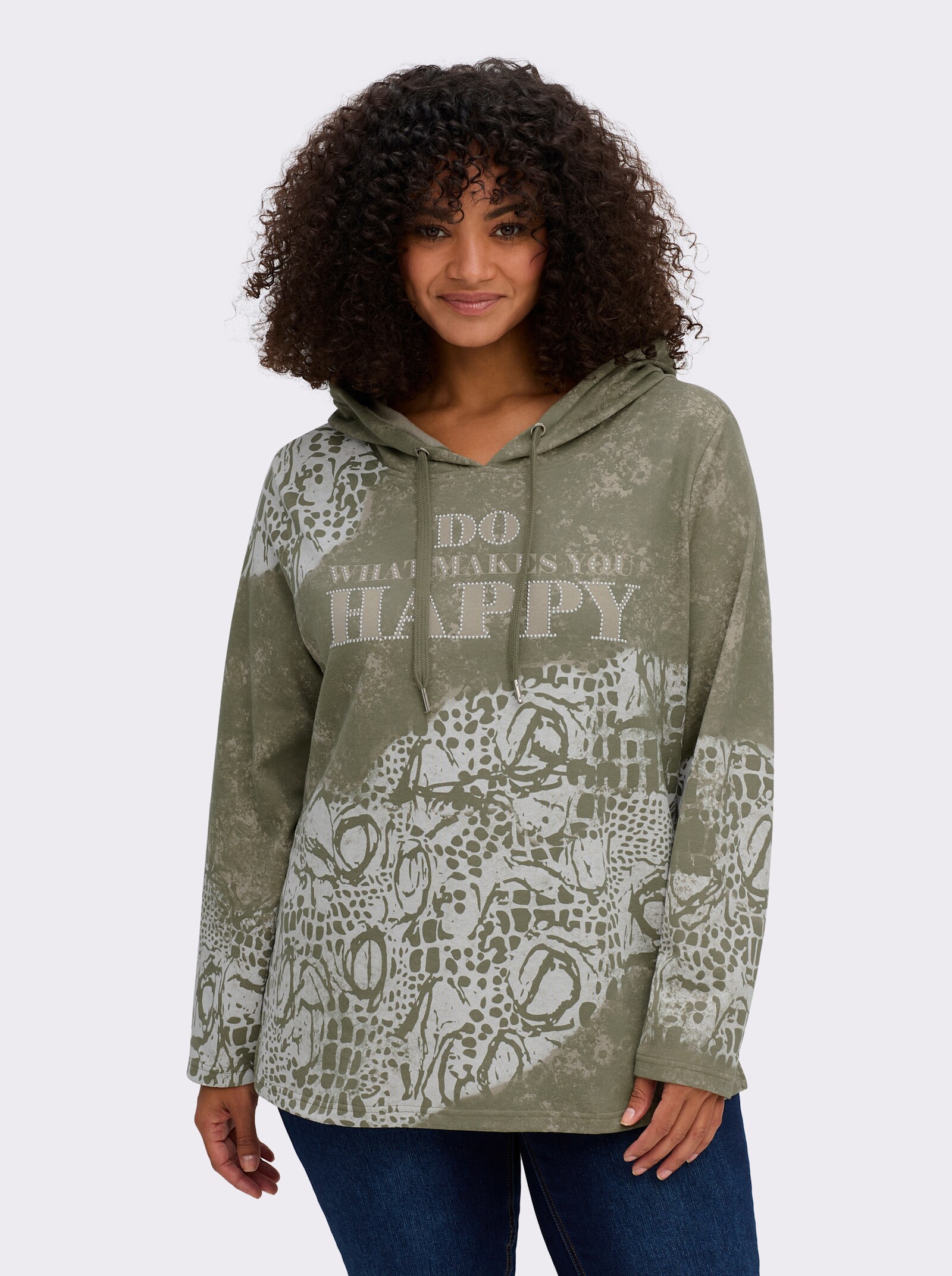 Sweatshirt mit Print und Glitzersteinchen - khaki-ecru-bedruckt
