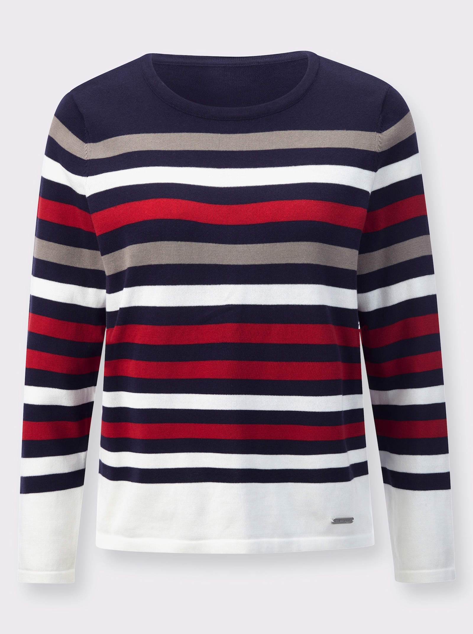 Feinstrickpullover mit Rundhals-Ausschnitt, geringelt - marine-rot-geringelt