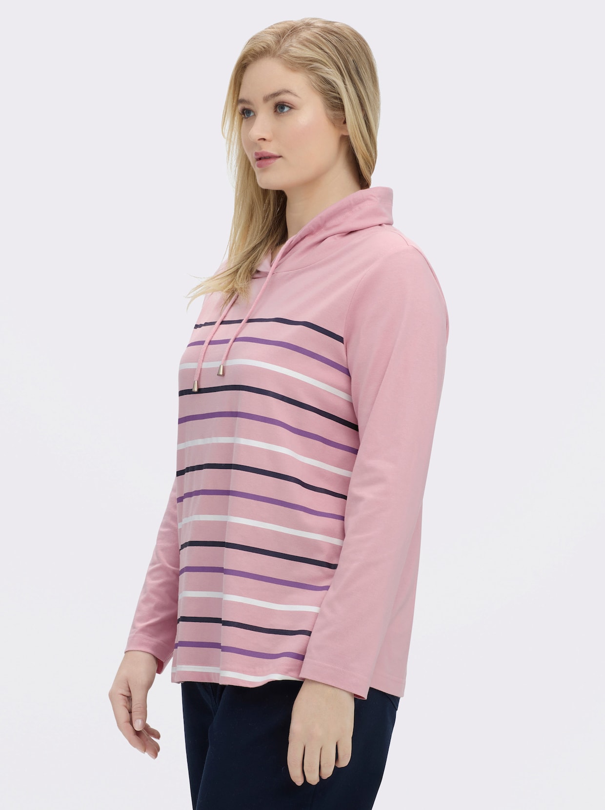 Stehkragenshirt mit Tunnelzug - rosé-geringelt