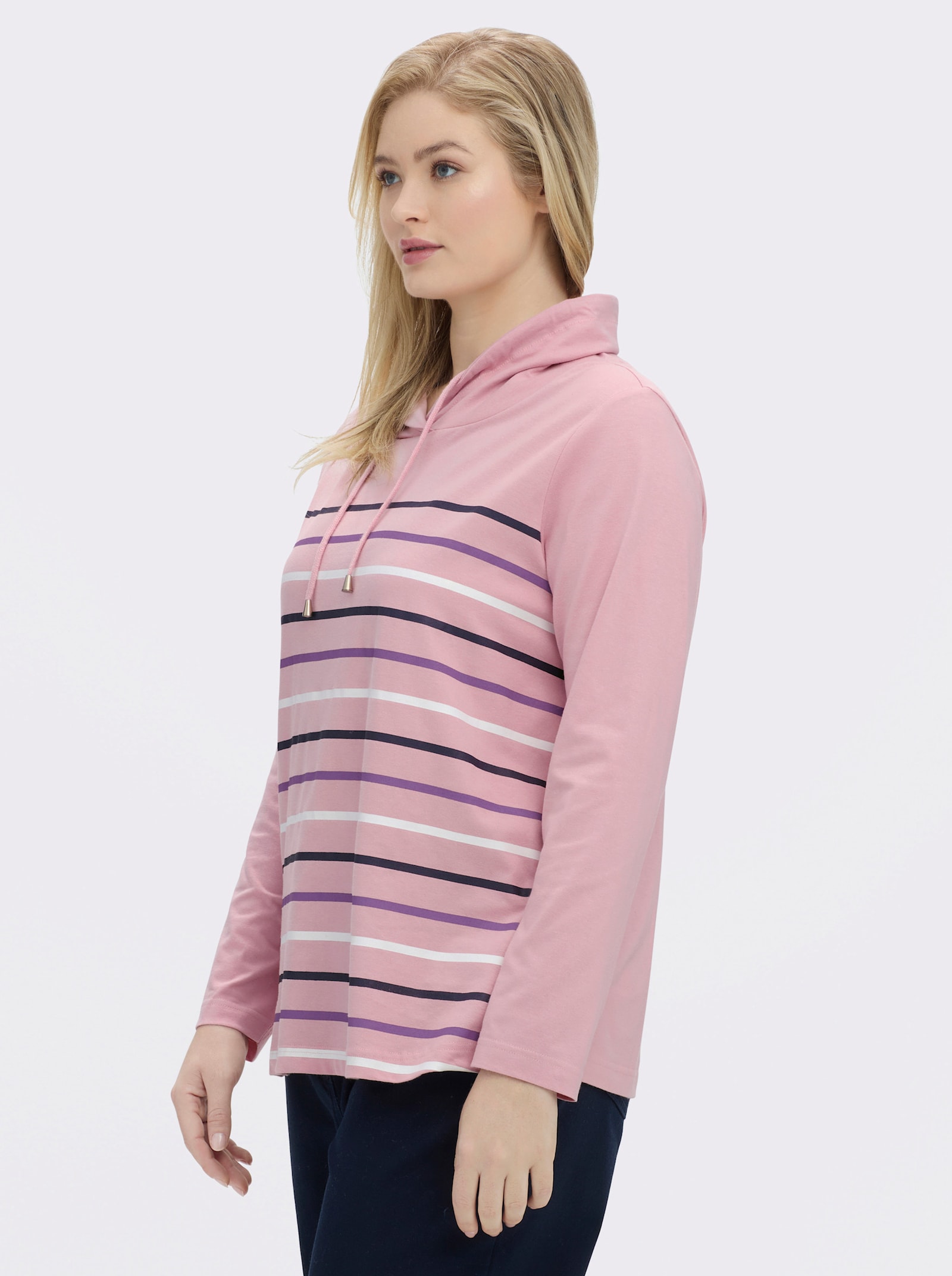 Stehkragenshirt mit Tunnelzug - rosé-geringelt