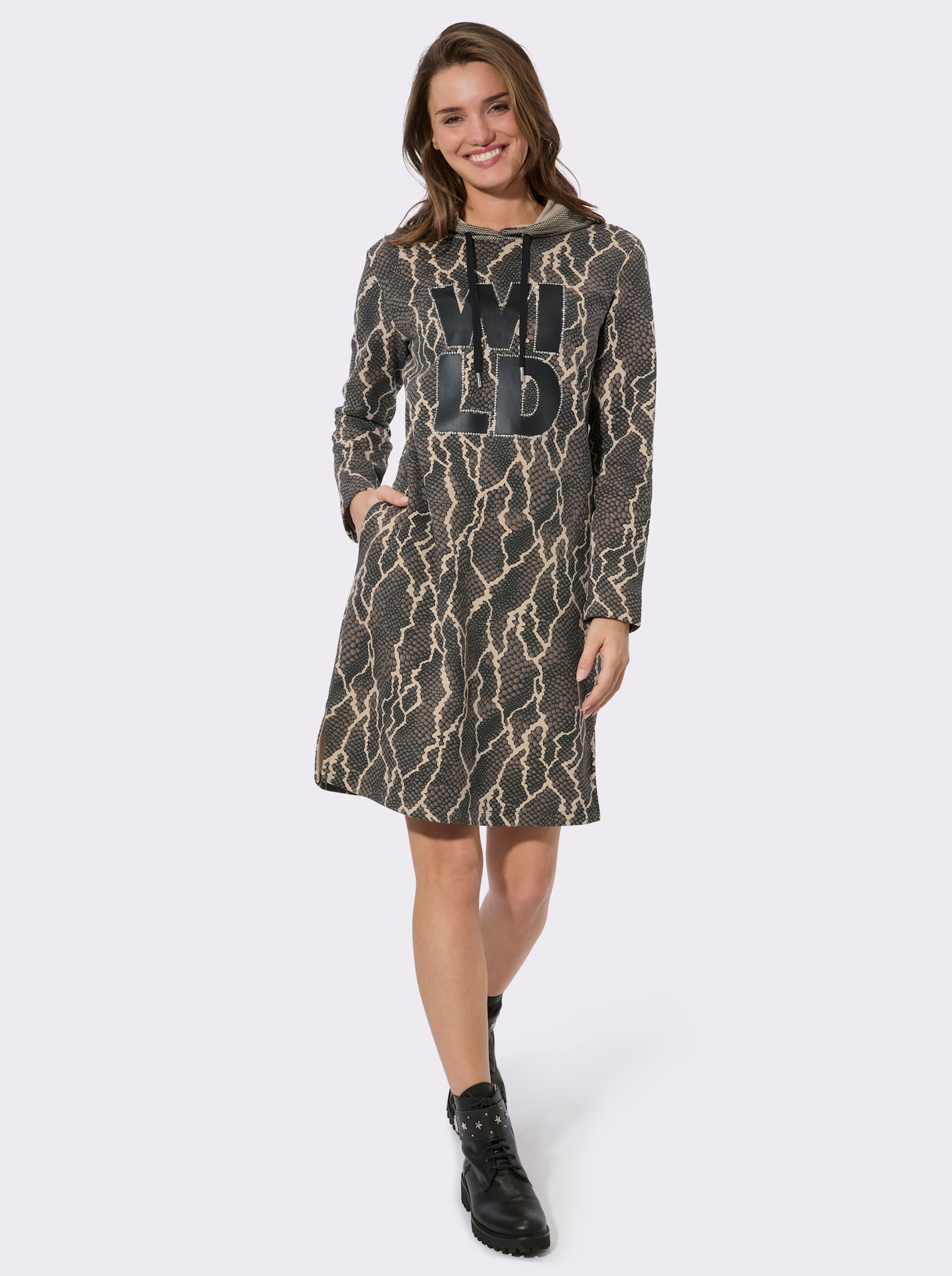 Druckkleid in Sweat-Qualität - schwarz-taupe-bedruckt